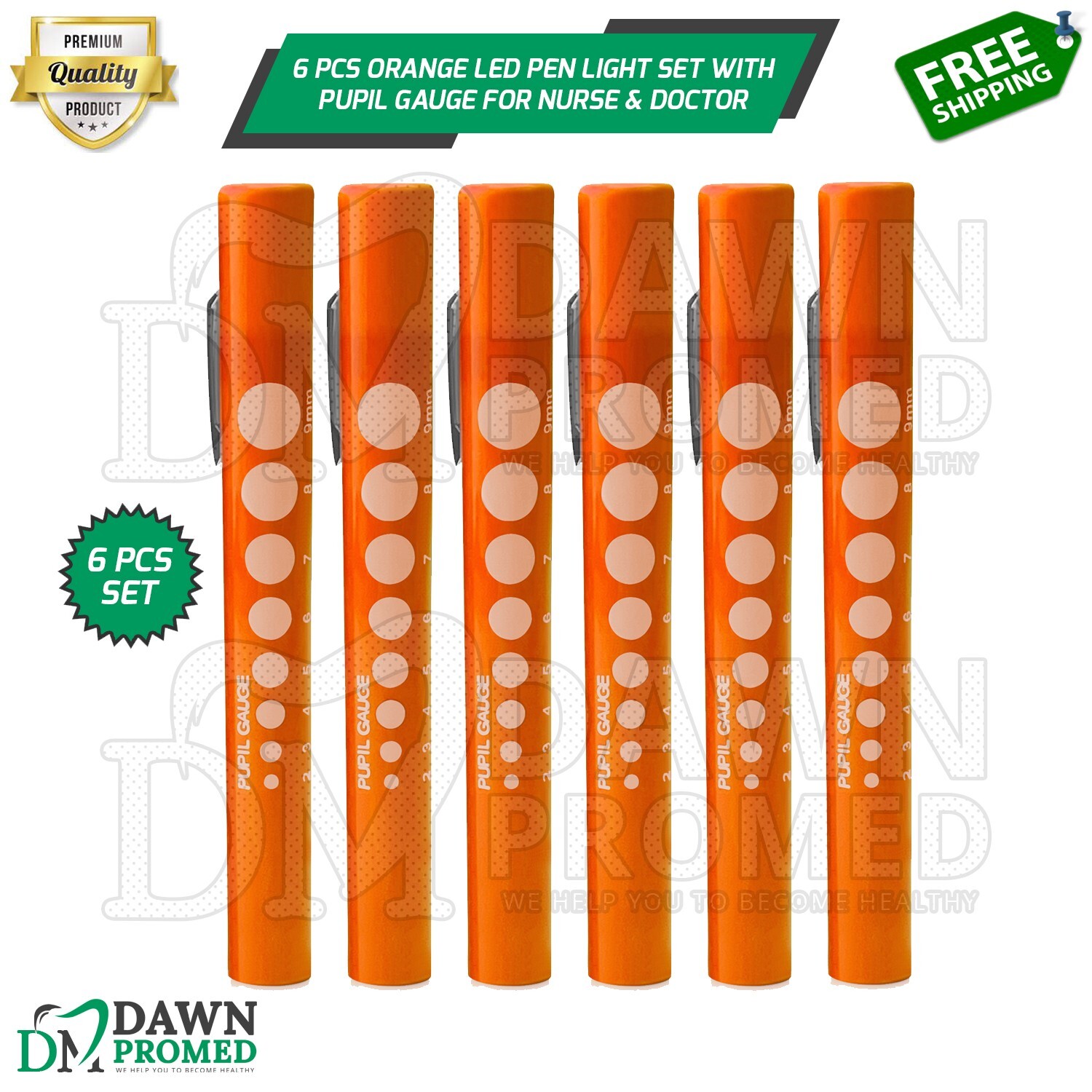 6 Pcs Orange LED Pen Light Set With Pupil Gauge for Nurse Doctor & Paramedics