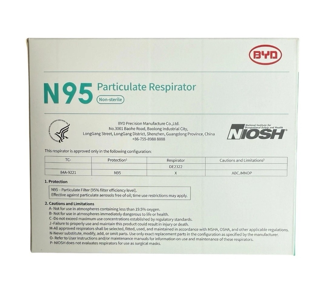 2 Boxes BYD N95 Foldable Particulate Respirator Face Mask NIOSH 40 Count Total