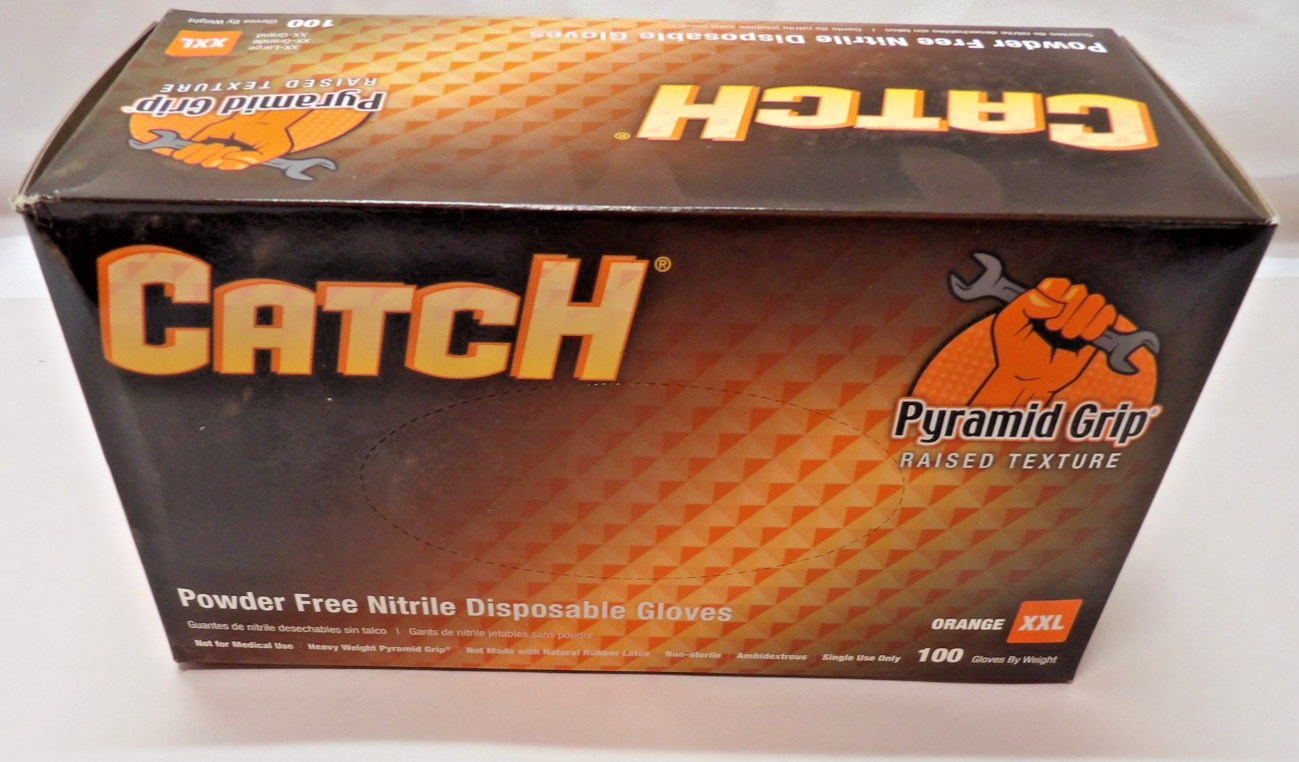 CATCH Nitrile Disposable Gloves Pyramid Grip Texture Orange XXL 9 Mil Box of 100