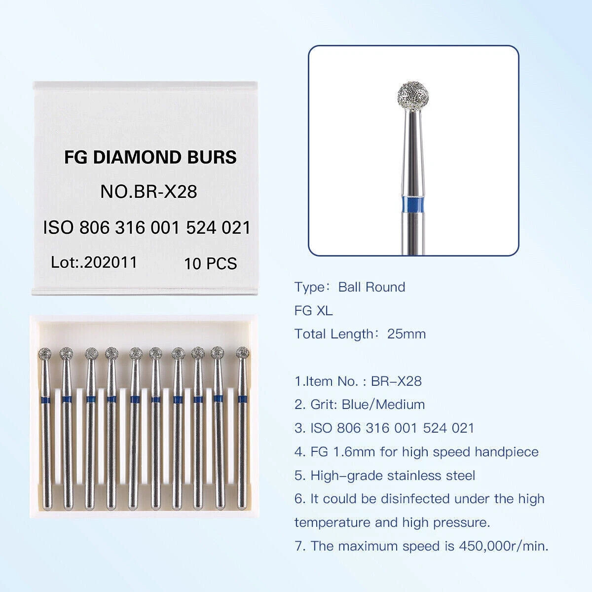 10Pcs/Box Dental Diamond Bur FGXL 25mm Ball Round Super Coarse for High Speed