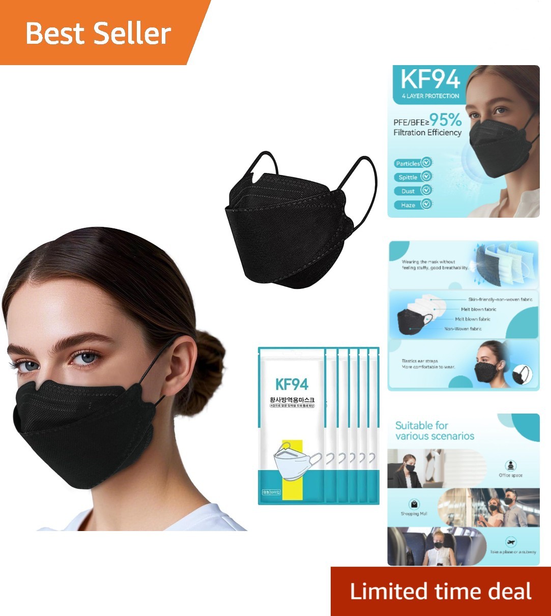 50 PCS Black KF94 Disposable Face Mask 4 Layers Protective Cover Adult Size