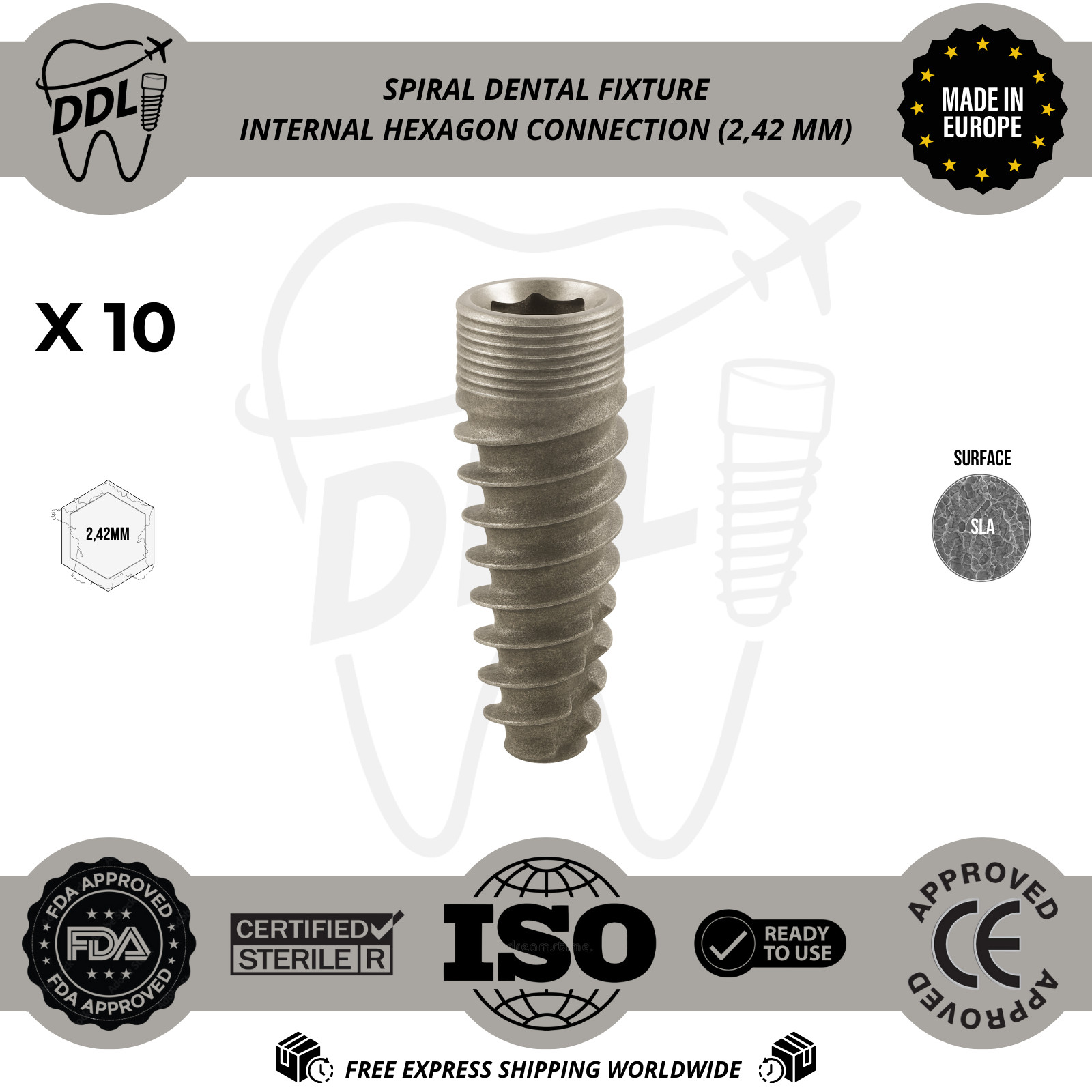 10x Spiral Dental Fixture Int Hex 2.42mm Connection