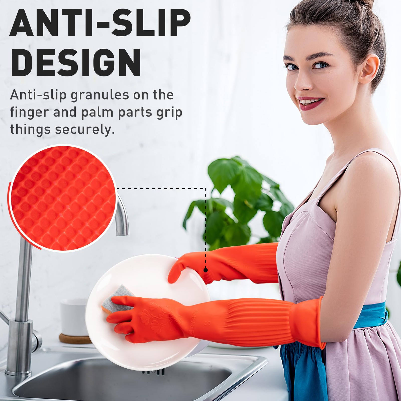 ThxToms Rubber Dishwashing Gloves, 2~Pair, Fleece~Lined, Waterproof, Large