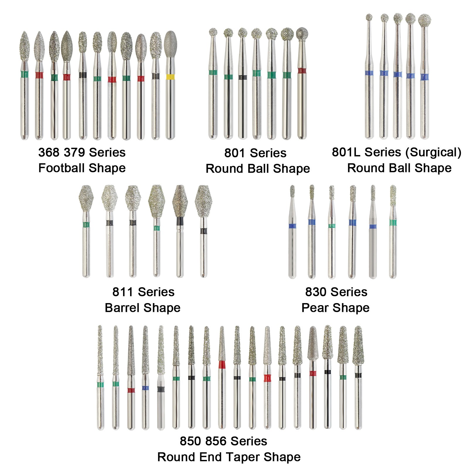Dental Diamond Burs Football Egg Round Ball Taper Flame Burr FG High Speed Bur