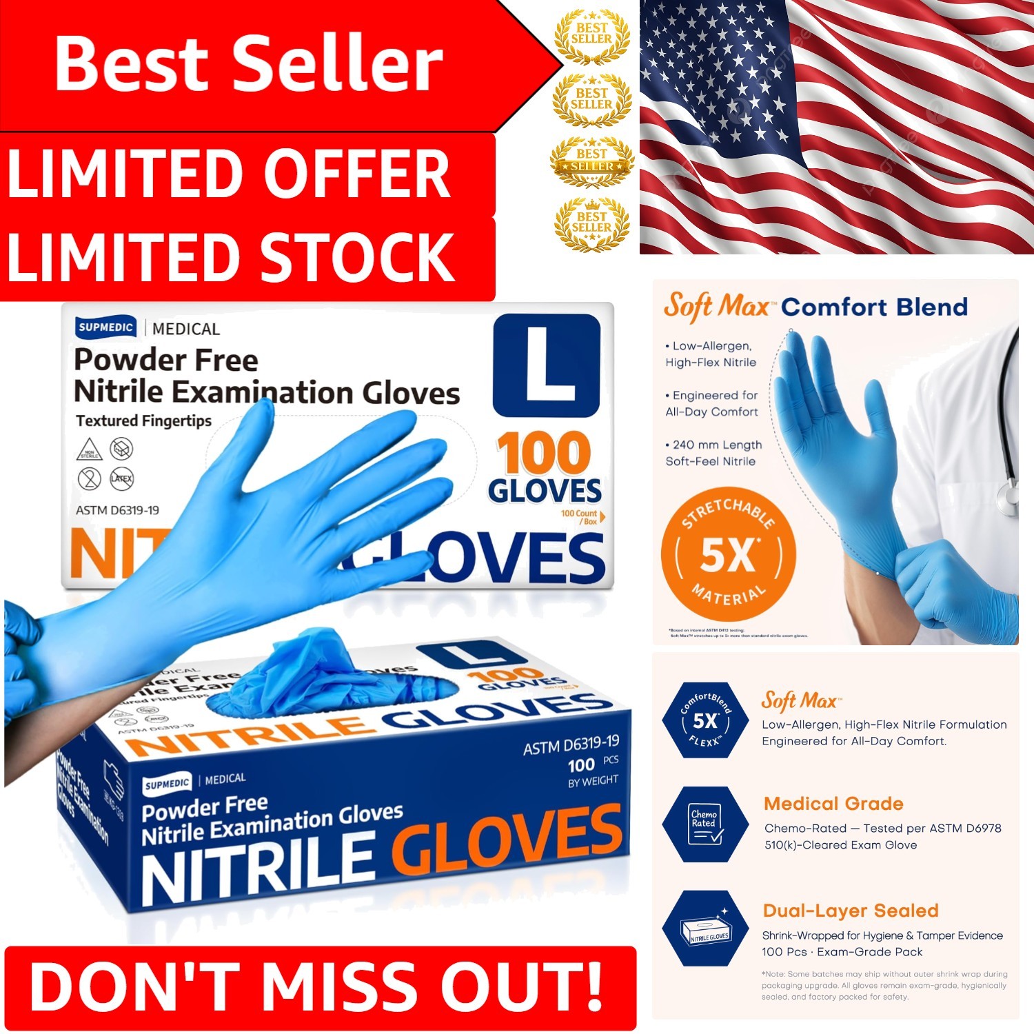 Medical-Grade Nitrile Exam Gloves – 100 Count Disposable, Latex-Free, Food Safe