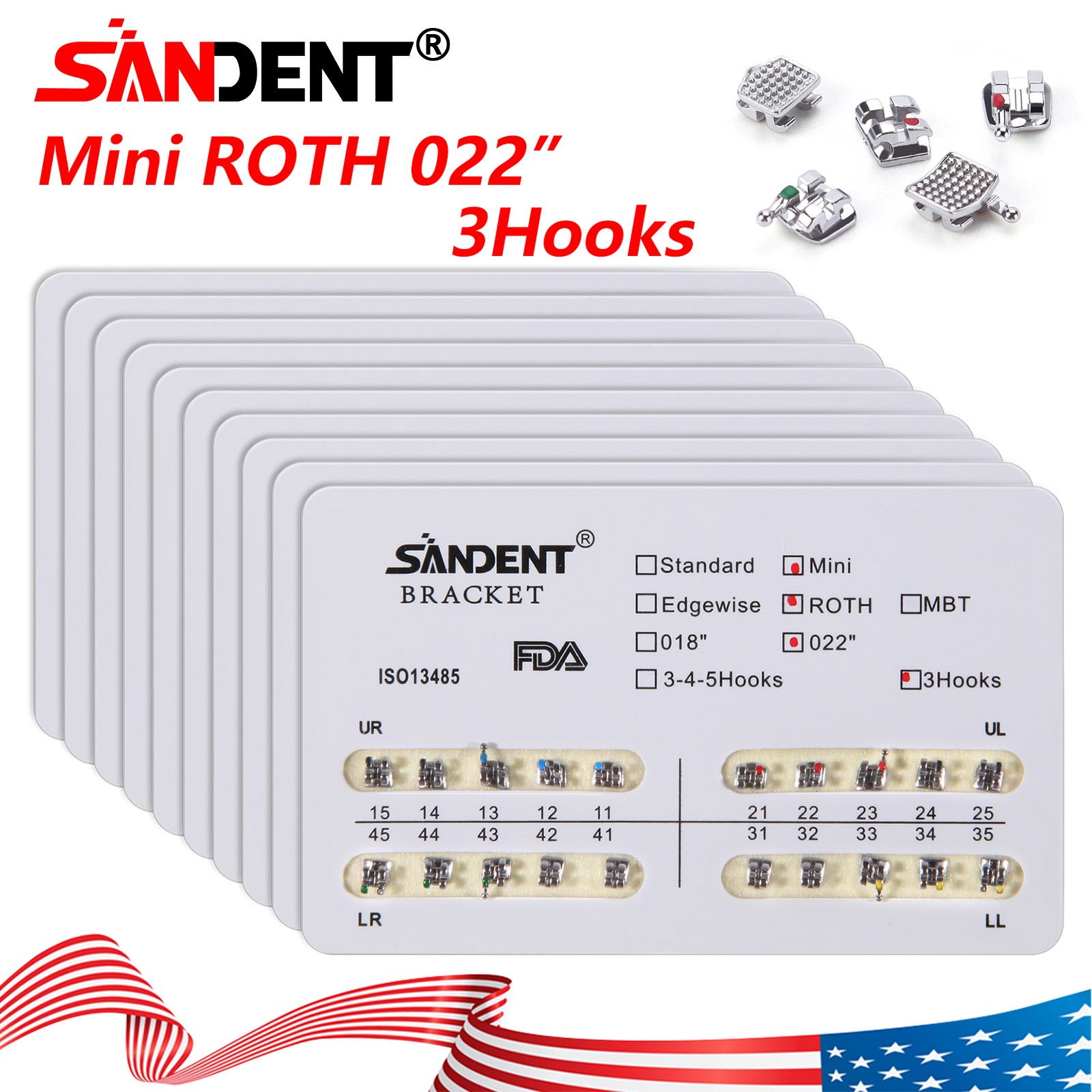 10 Packs Dental Orthodontic Brackets Braces Mini Roth 022 Slot 3 hooks #3 USA OR