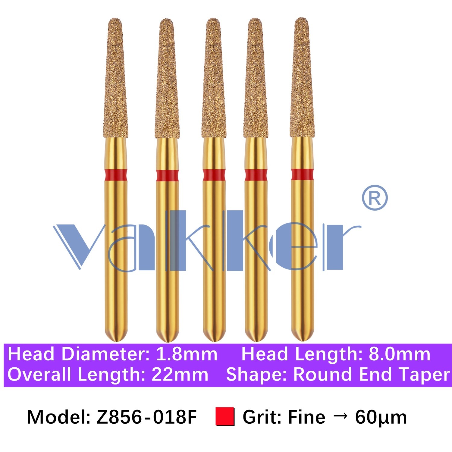 Vakker 5pc Dental Zirconica FG Diamond Burs 856-018F Fine Round End Taper Gold