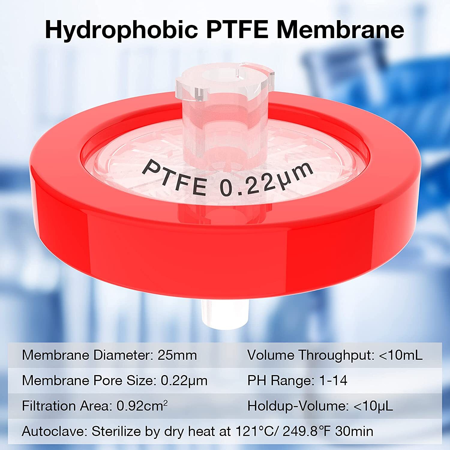100pcs Syringe Filter PTFE Membrane 25mm Diameter 0.22μm HPLC Lab