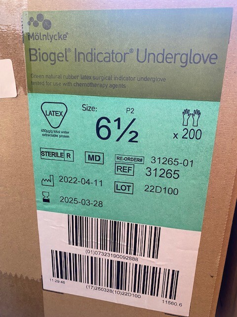 200 PAIR – MOLNLYCKE 31265 Biogel Pl Indicator Latex Underglove SZ 6.5 EXP 3/25