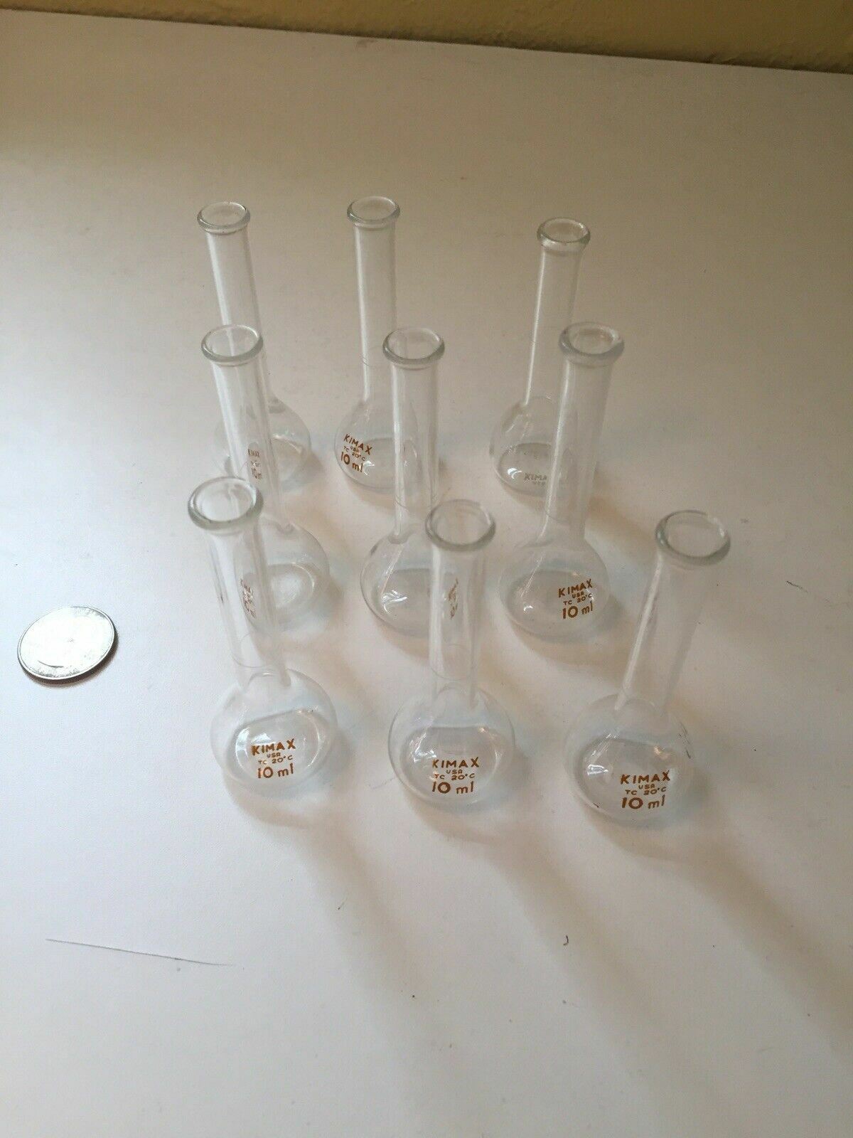 Lot of 9 KIMAX Glass 10mL TC ± 20°C Volumetric Flask Smooth Top