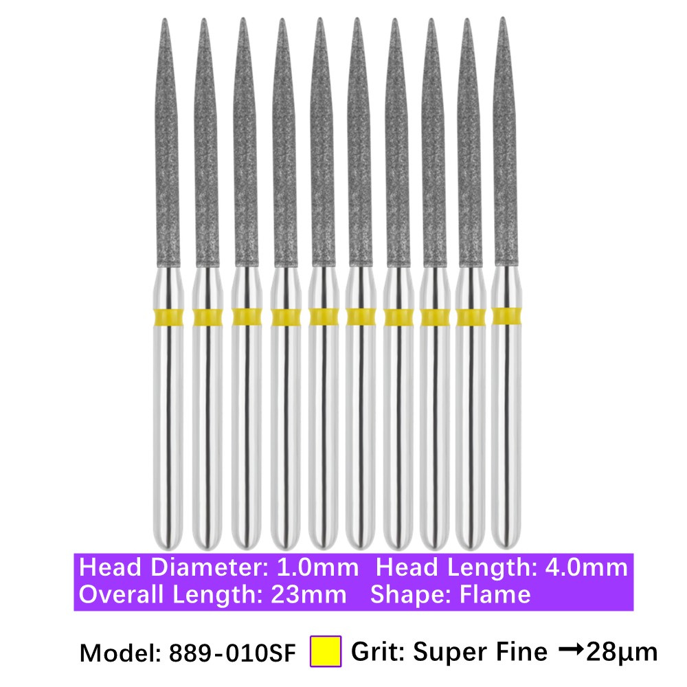10/pk Dental FG Flame Diamond Burs 889-010SF Super Fine Grit for High Speed