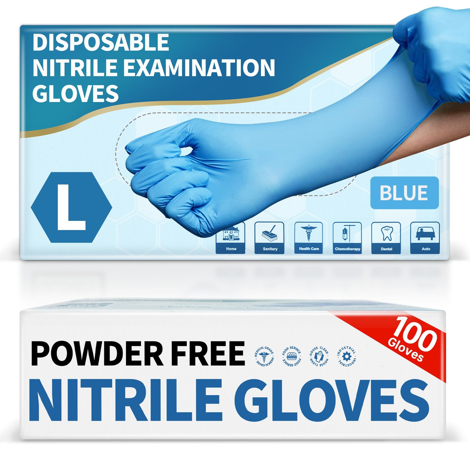 Medguy Powder-Free Nitrile Exam Gloves, 4.5 Mil, 100 Pcs Large, Large (Blue)