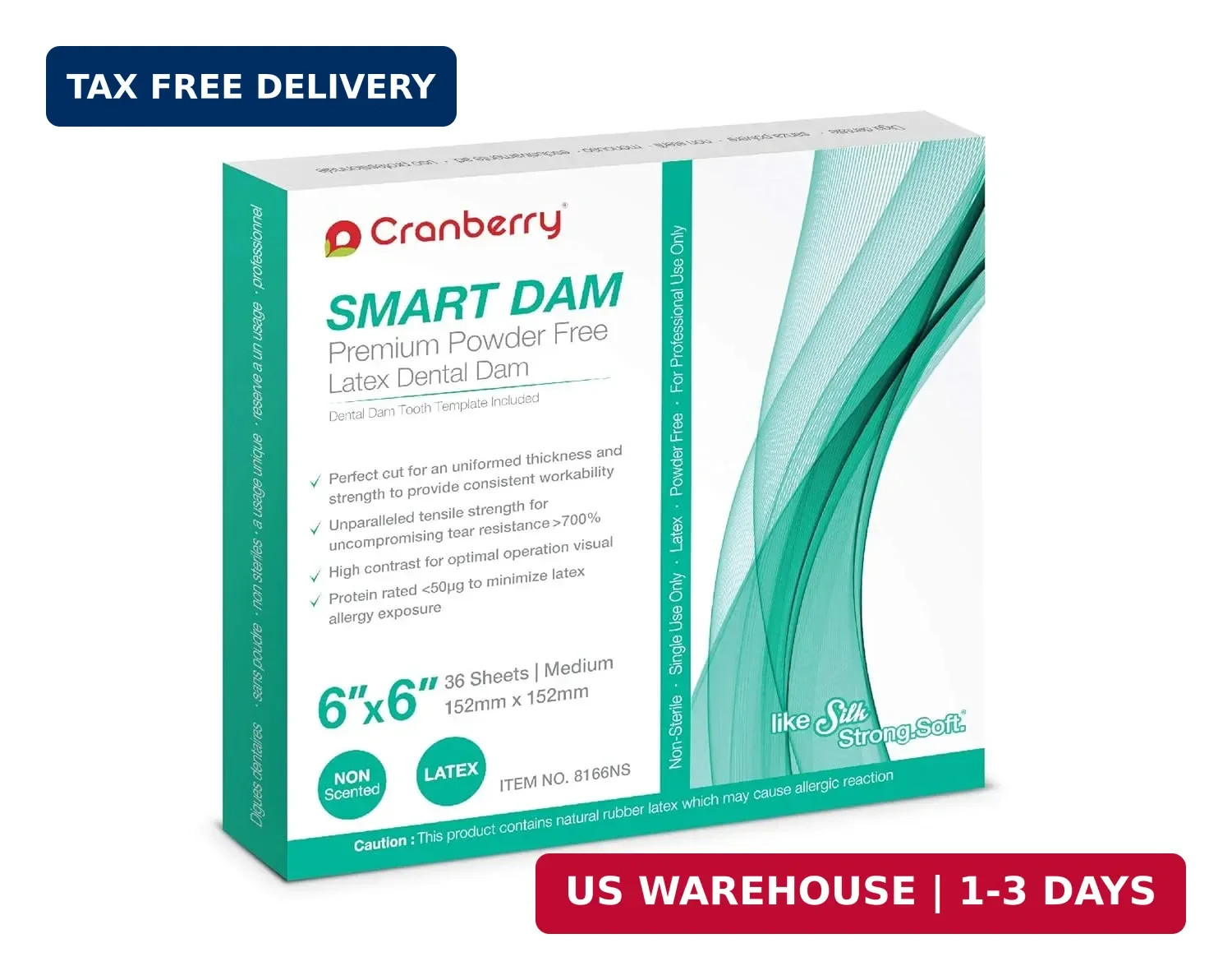 Cranberry USA CR8166NS Smart Dam, Latex Powder-Free, Unscented, Blue, 6″ x 6″ Si