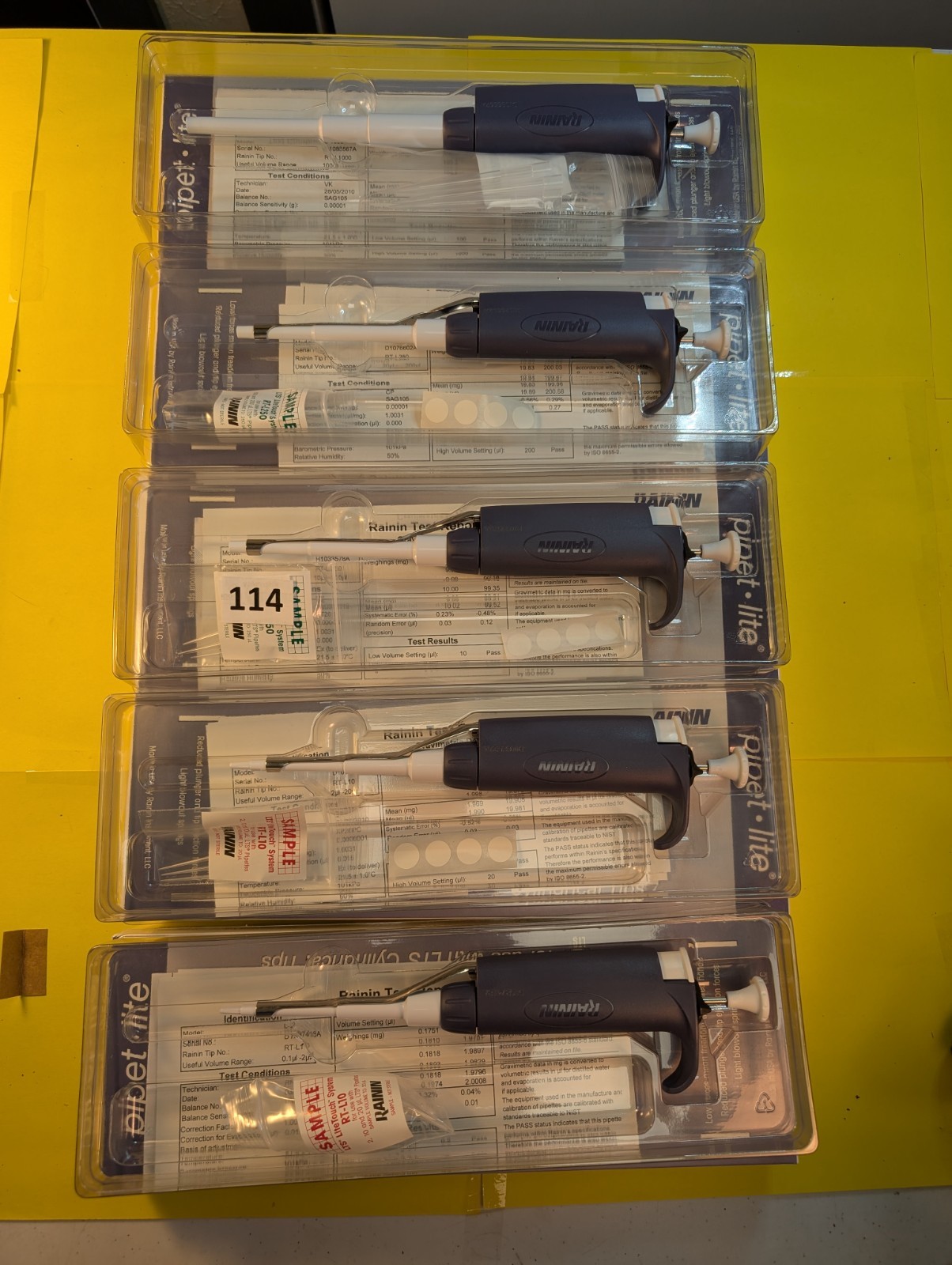 5 New Rainin LTS Pipetman Pipet Lite 1000ul, 200ul, 100ul, 20ul & 2ul Pipettes