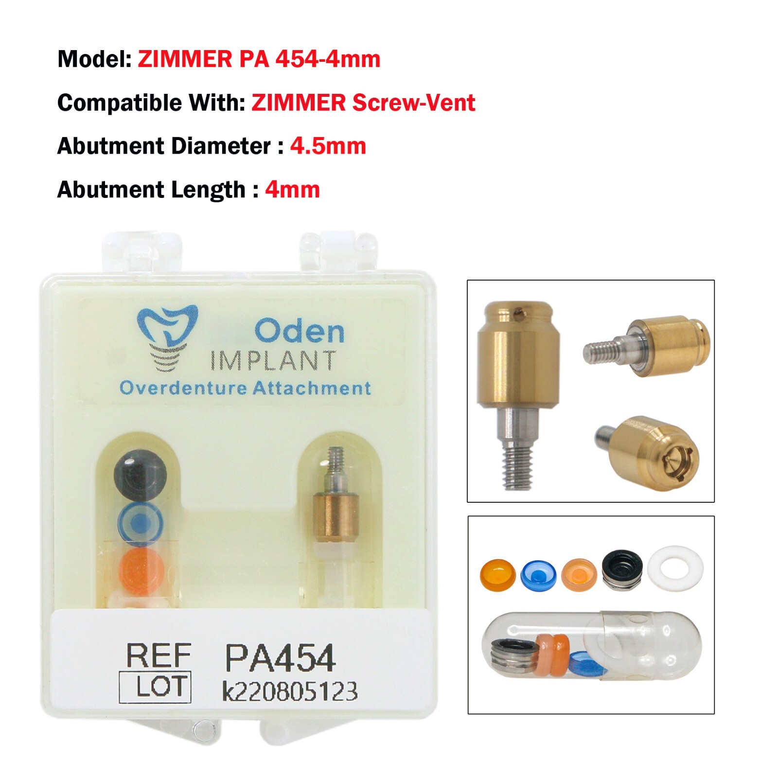 Dental Zimmer MIS Adin PA Ø3.5/4.5mm Abutment & Overdenture Male Caps Removable