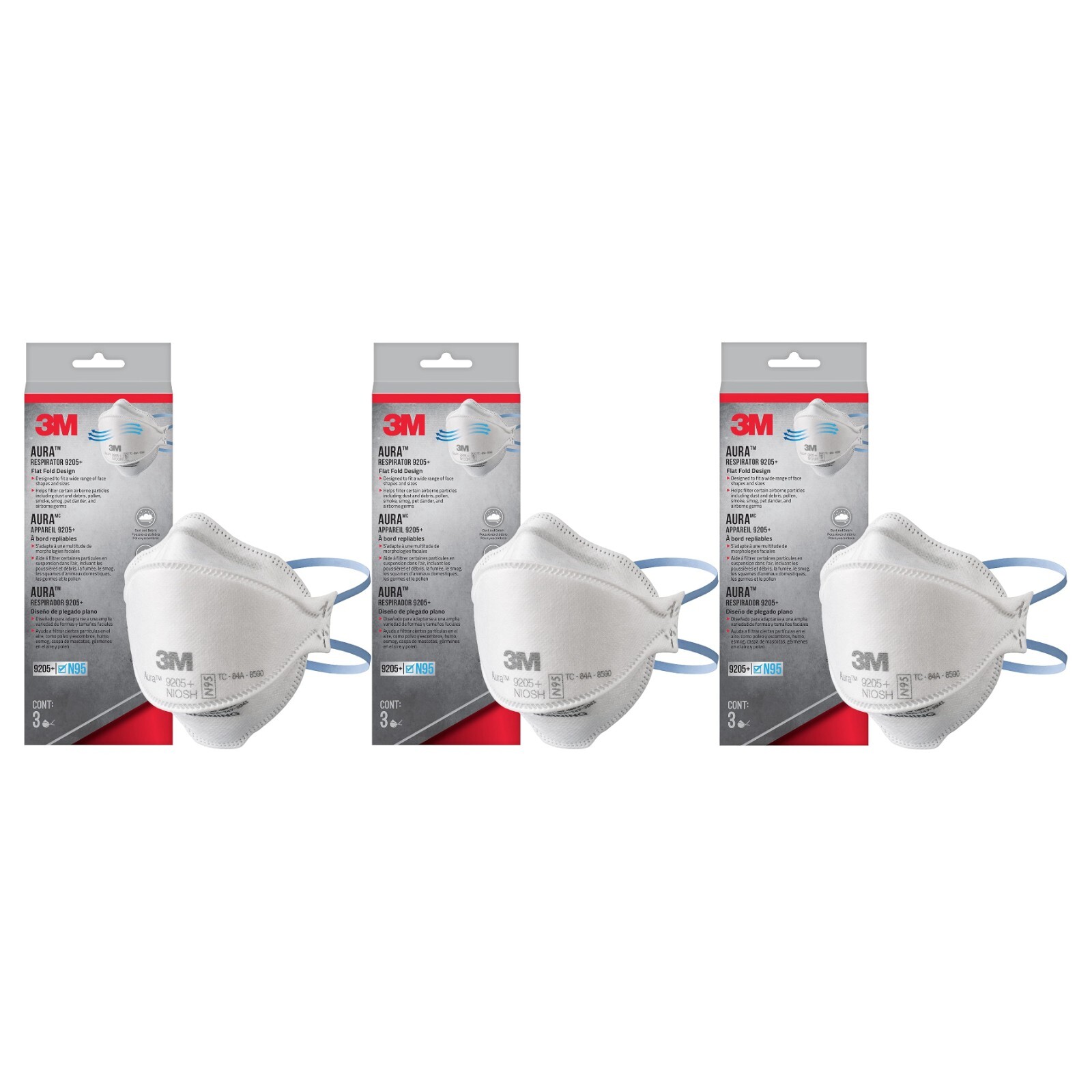3-Pack 3M 9205+ N95 Aura Respirator Mask Foldable Particulate -9 Mask Disposable