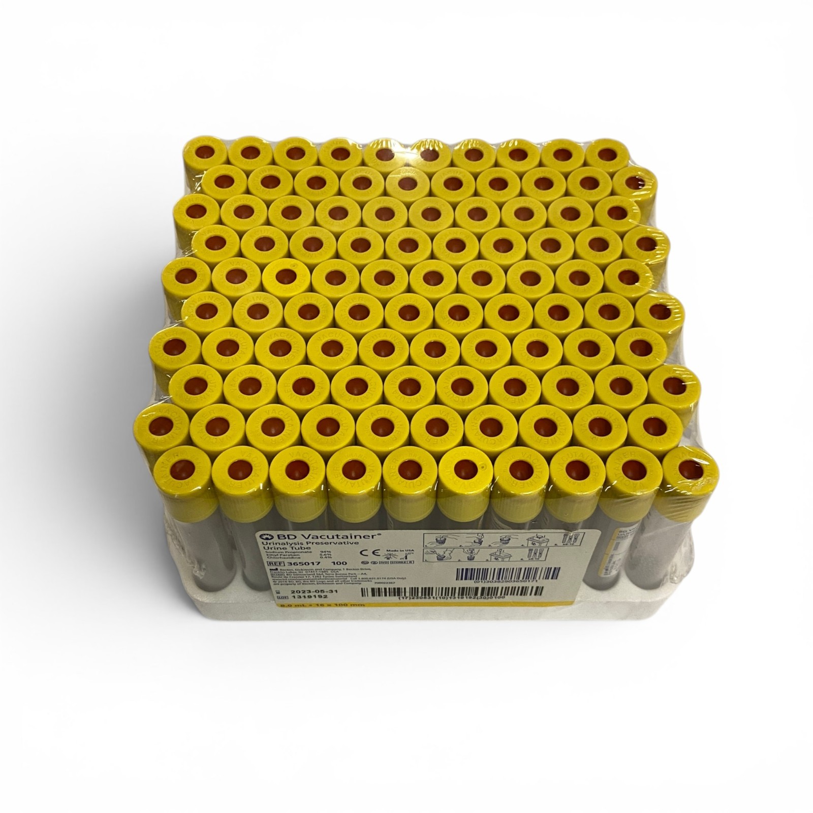 BD 8mL Test Tubes Yellow Cap 16x100mm, Lot of 100