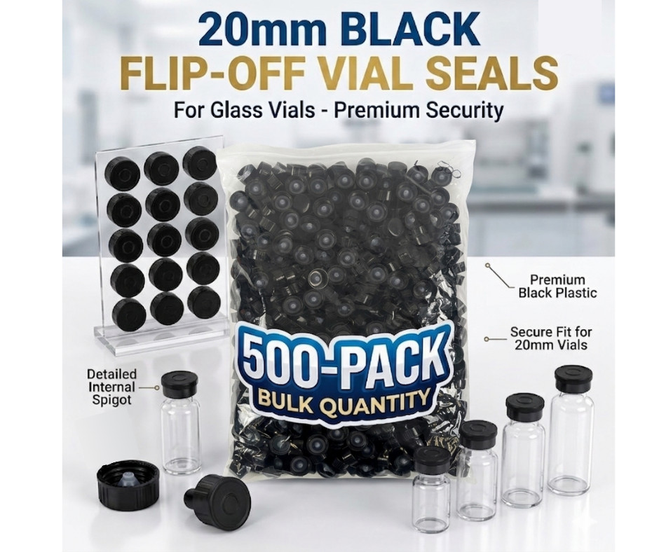 20mm Black Flip-Off Vial Seals Plastic Caps for Glass Vials 500-Pack