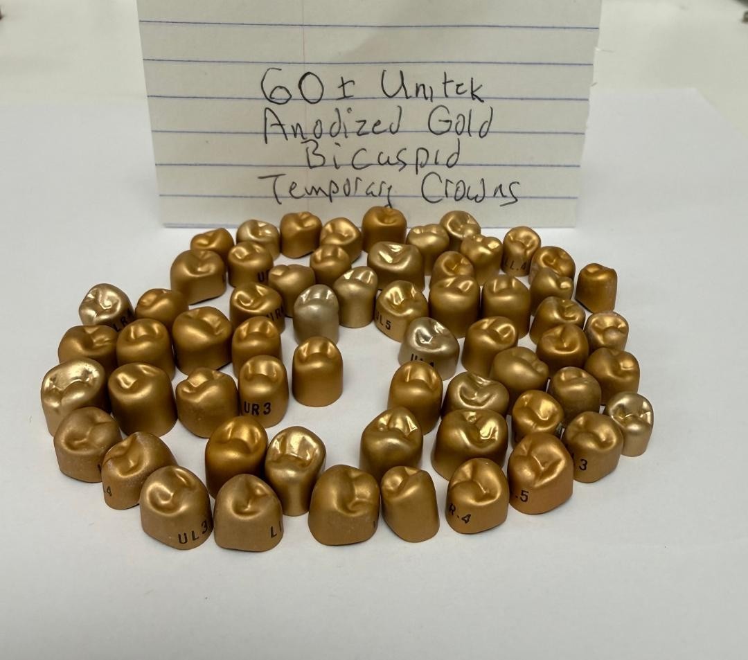 60+ UNITEK GOLD ANODIZED TEMPORARY BICUSPID DENTAL CROWN MIX LOT NEW OUT OF BOX