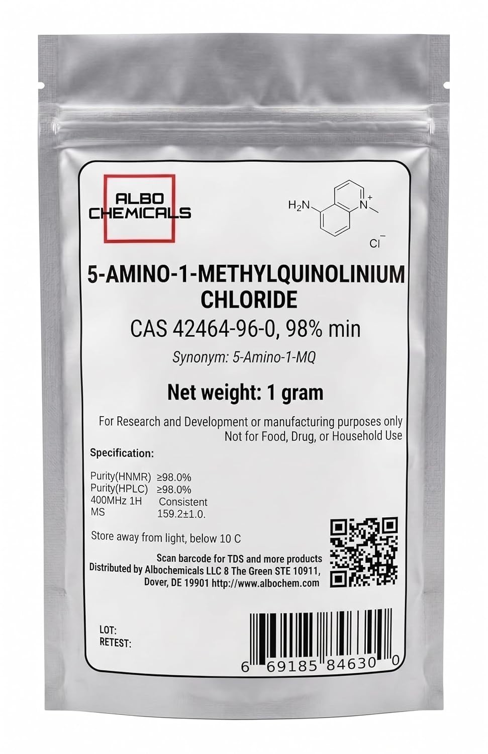 5-amino-1MQ, 5-Amino-1-methylquinolinium Chloride Powder, CAS 42464-96-0, 1 gram