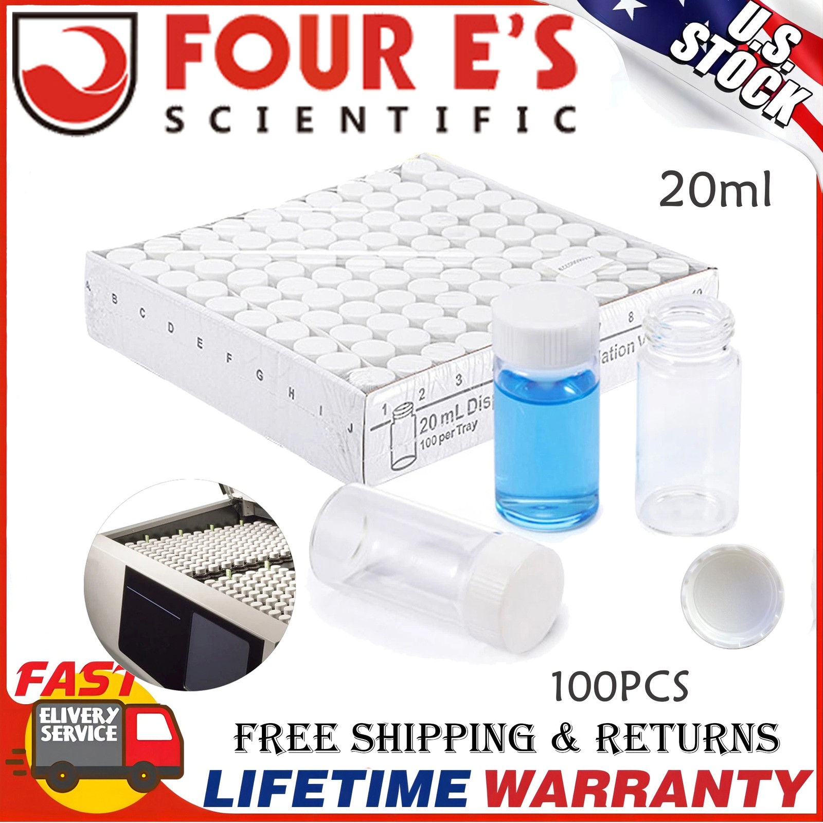 100x 20ml Scintillation Vials Glass vial Sample vials Lab vials w/ cap PE gasket