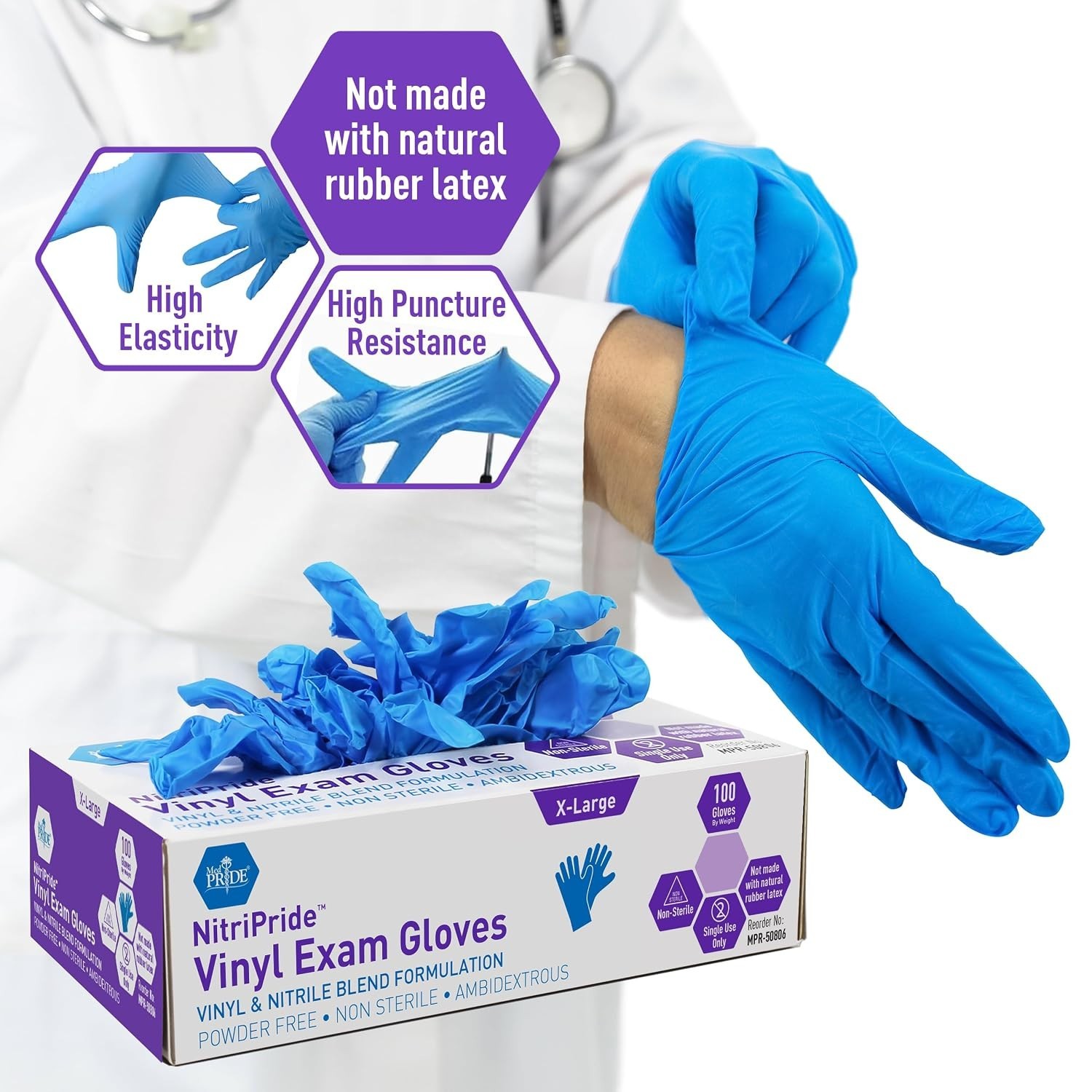 Blue Nitrile/Vinyl Blend Exam Gloves, Latex-Free & Hypoallergenic – Box of 100