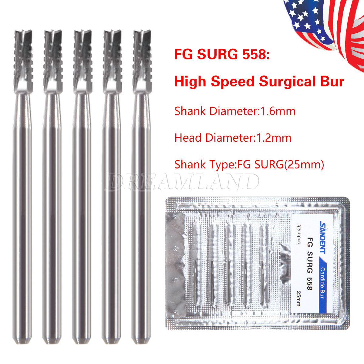 5pcs/pack Dental Carbide Burs Bits High Speed FG558 Ø1.2mm 6 Blades Fissure
