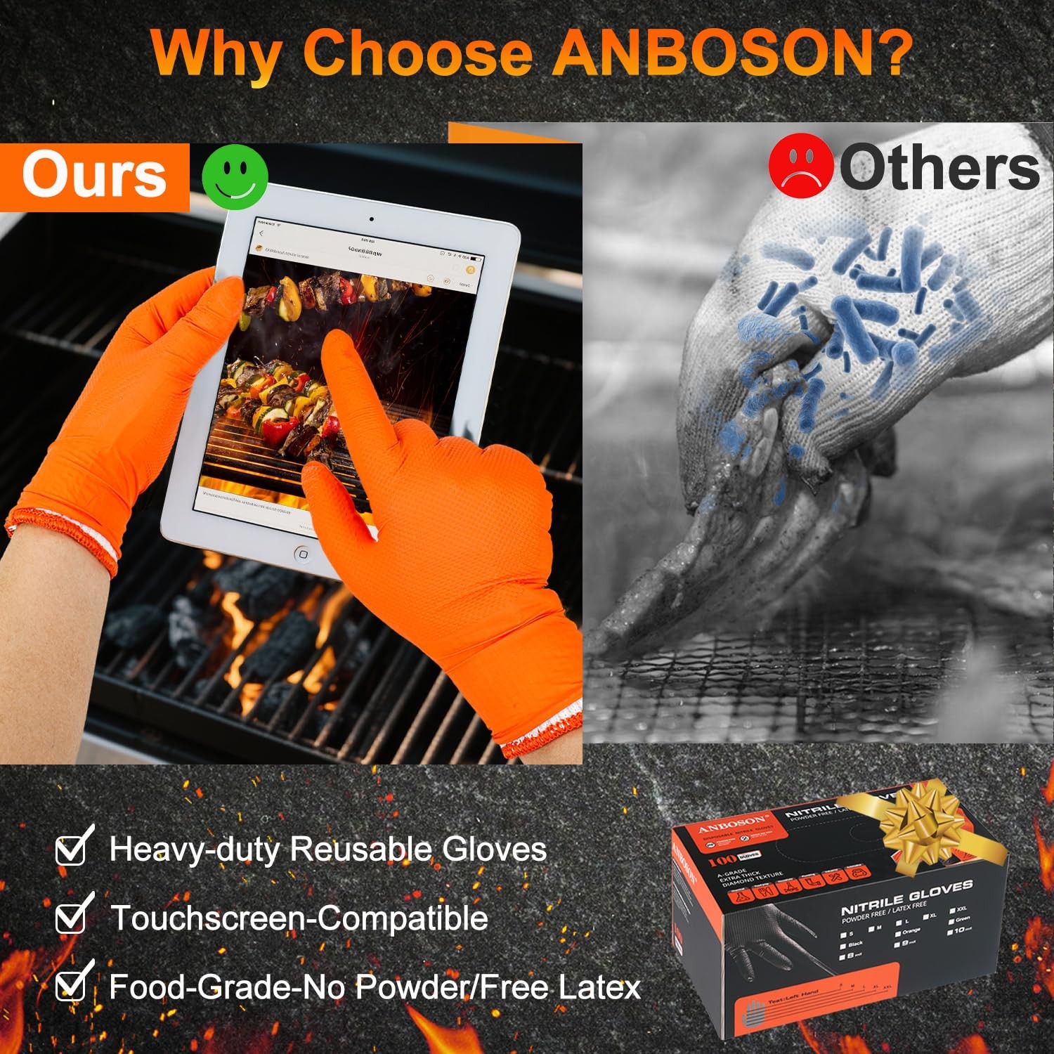 ANBOSON BBQ Gloves for Grilling Disposable Heat Resistant 100 Nitrile Gloves…