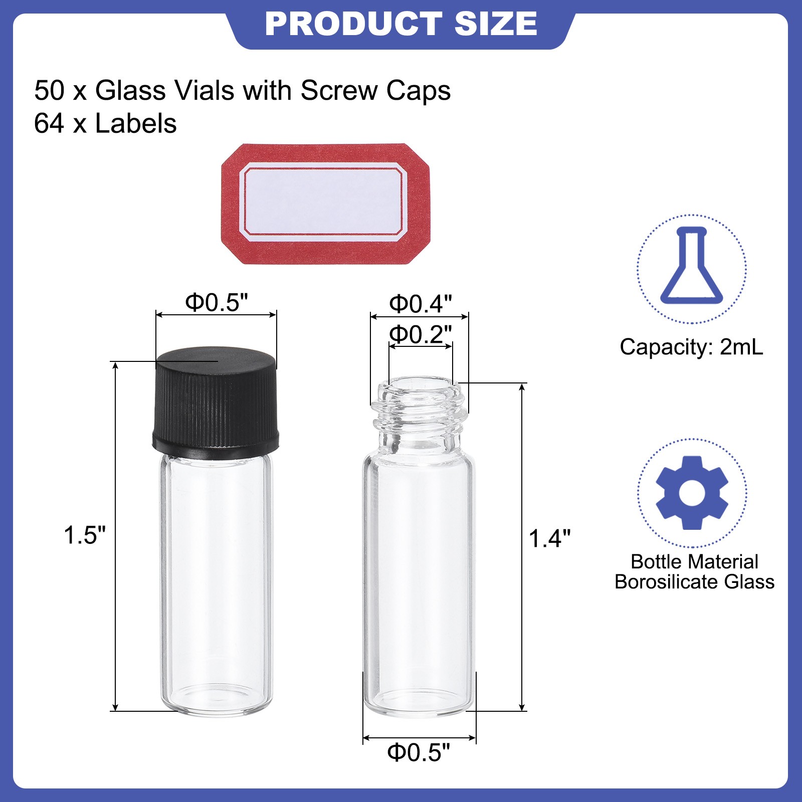 2ml Clear Glass Vials, 50 Pack Sample Vials Reagent Media Bottle with Labels