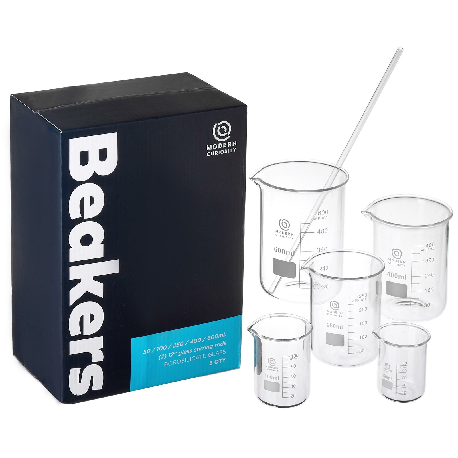 Modern Curiosity 5-pack Glass Beakers 50mL-1000mL Set with Stirring Rods