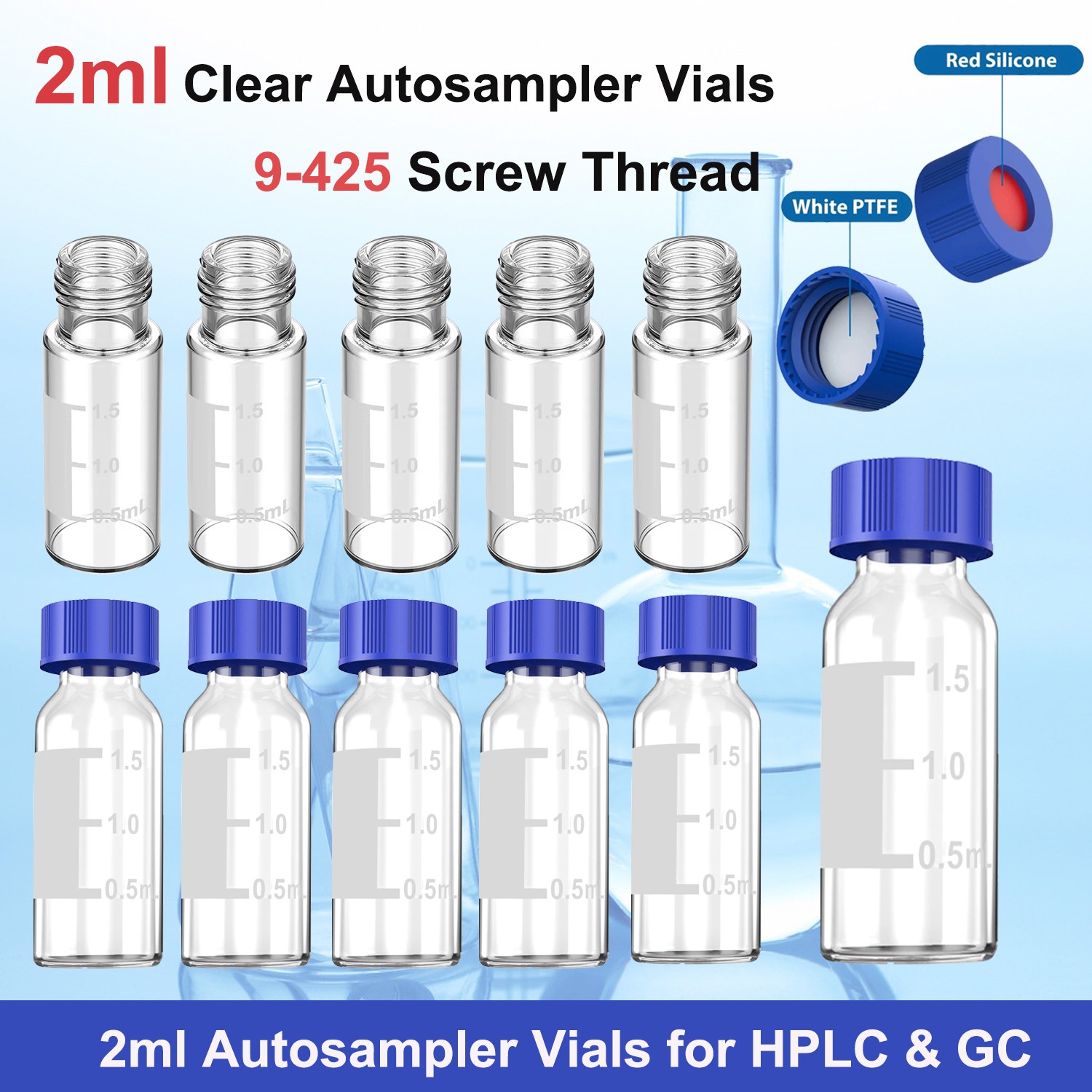 2ml Autosampler Vials+Caps Amber/Clear Glass Bottle 9-425 Screw Thread Top10000x