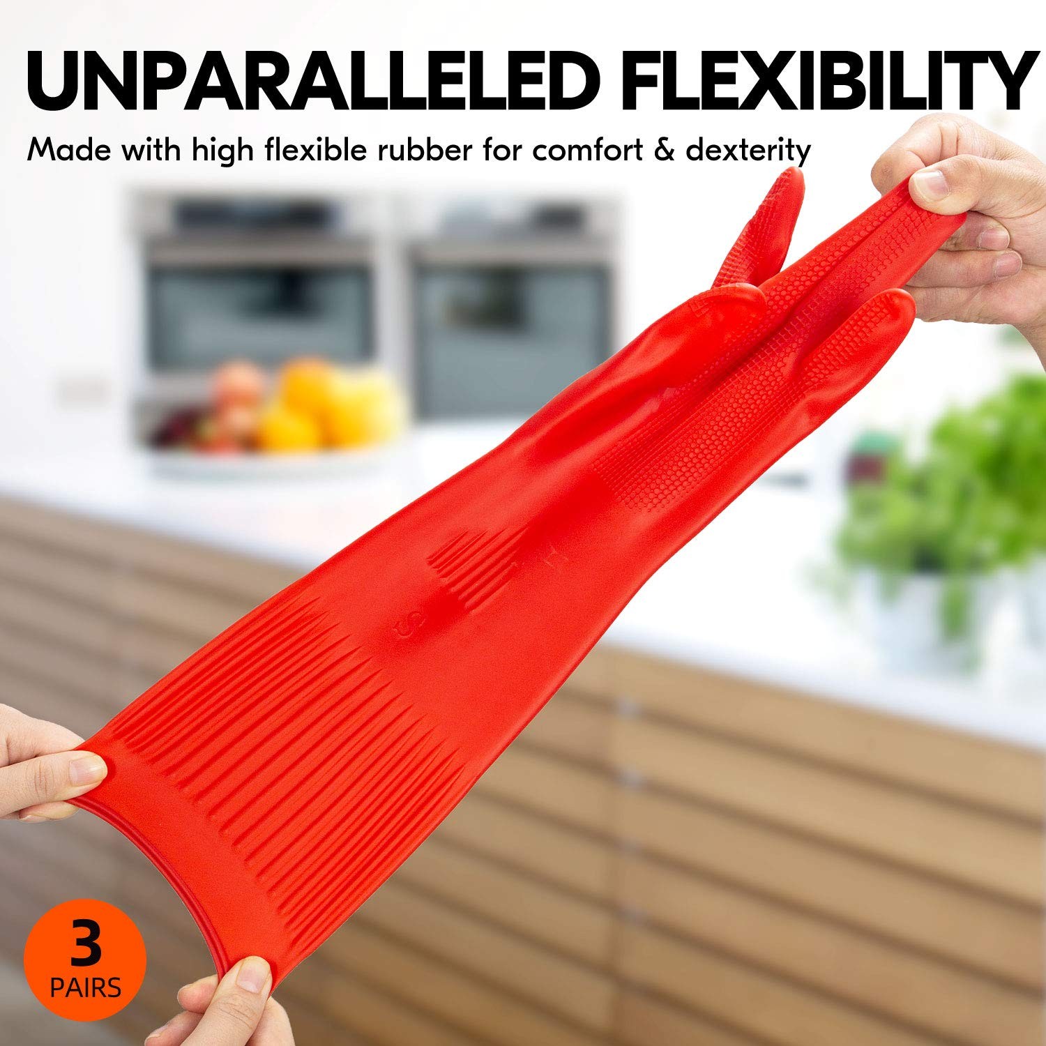 Vgo… 3Pairs Dishwashing Gloves, Reusable Household Gloves, Long Sleeve, Thi…