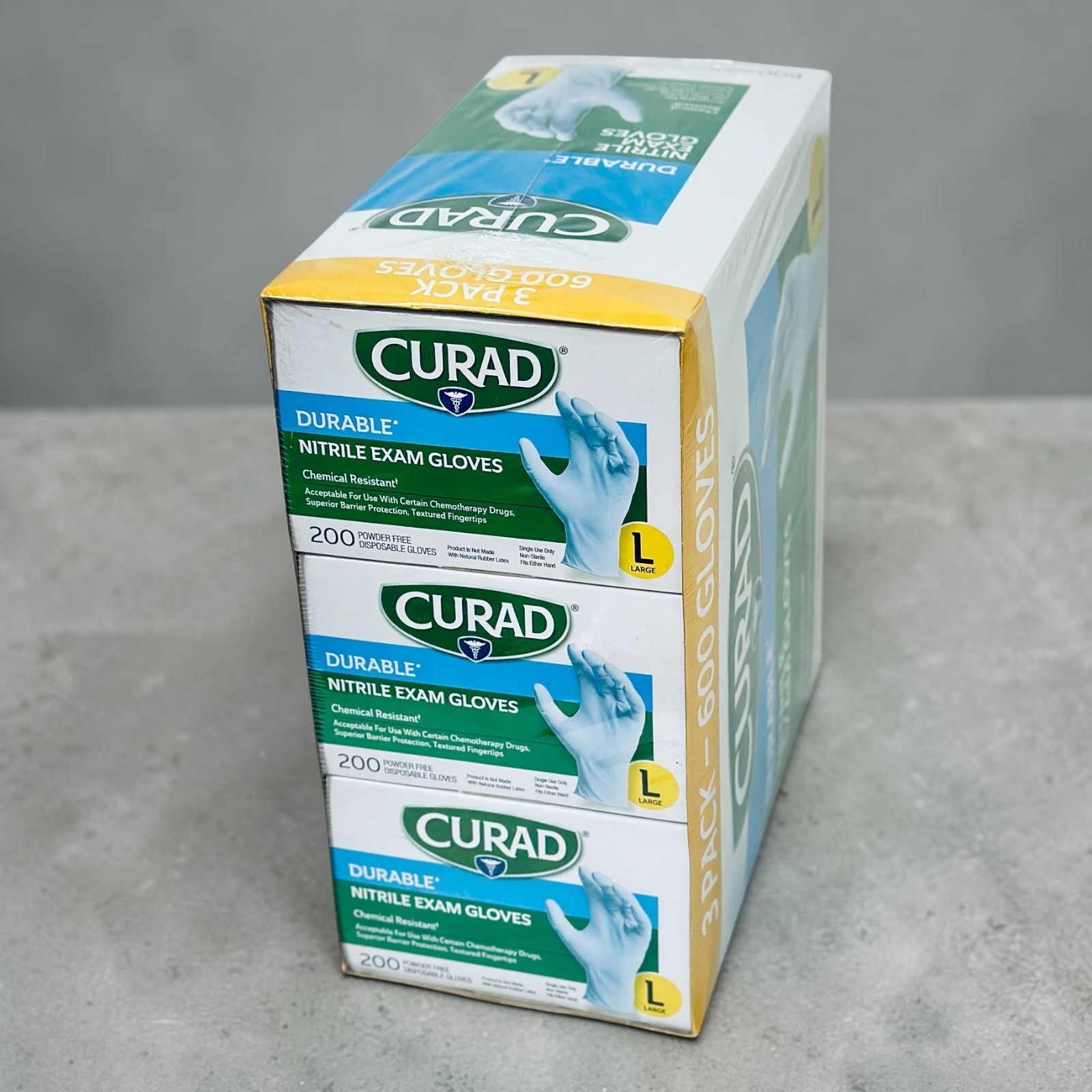 CURAD Durable Nitrile Exam Gloves, Large, 600 Count (3 boxes x 200 ct)