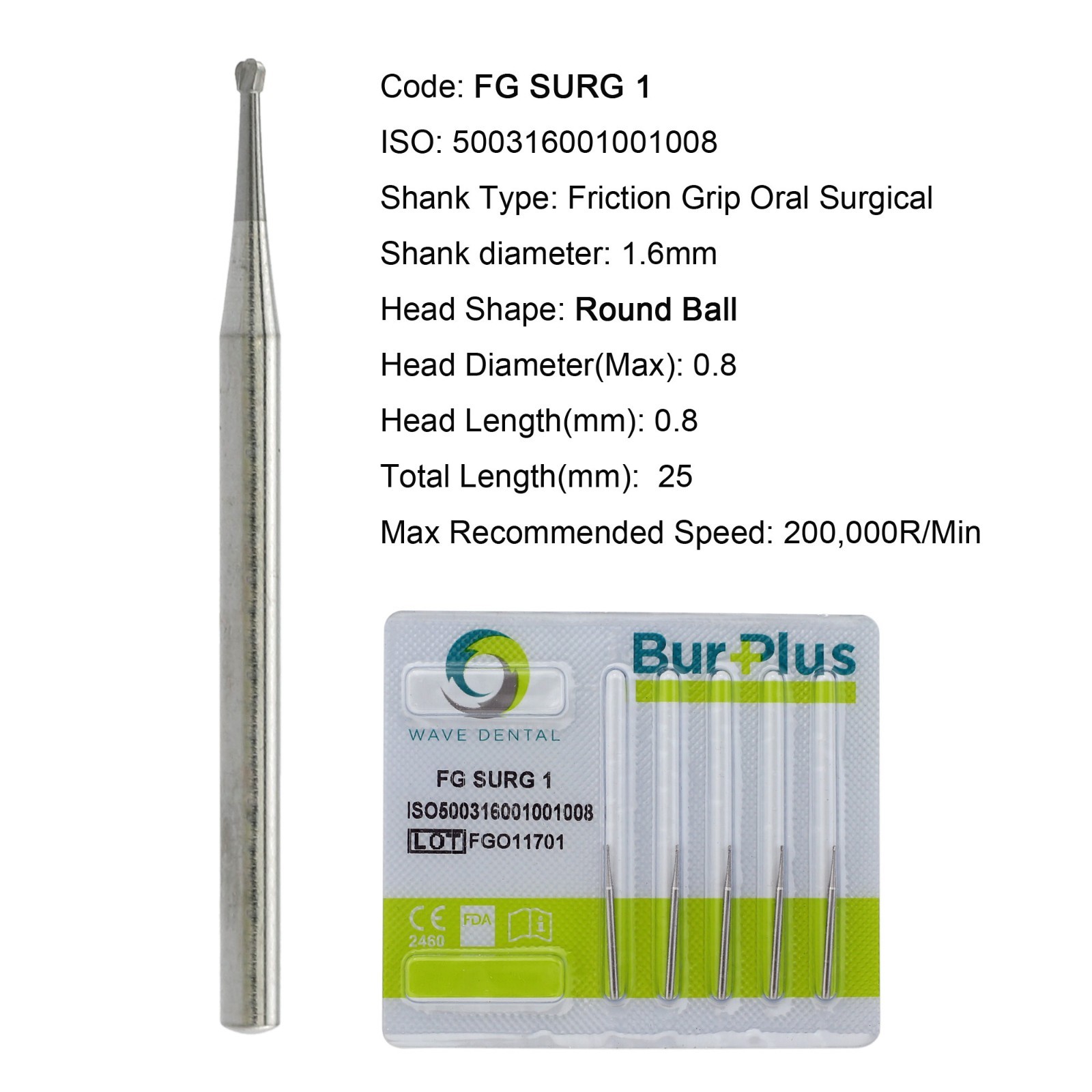 Wave Dental Surgical Bur Tungsten Carbide 25mm Length Round FG SURG 1 High Speed