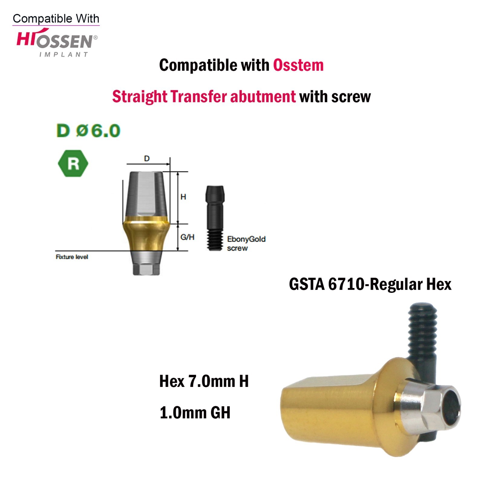 Dental Straight Transfer Abutment Internal Hex 7.0mm HRegular For Hiossen Osstem