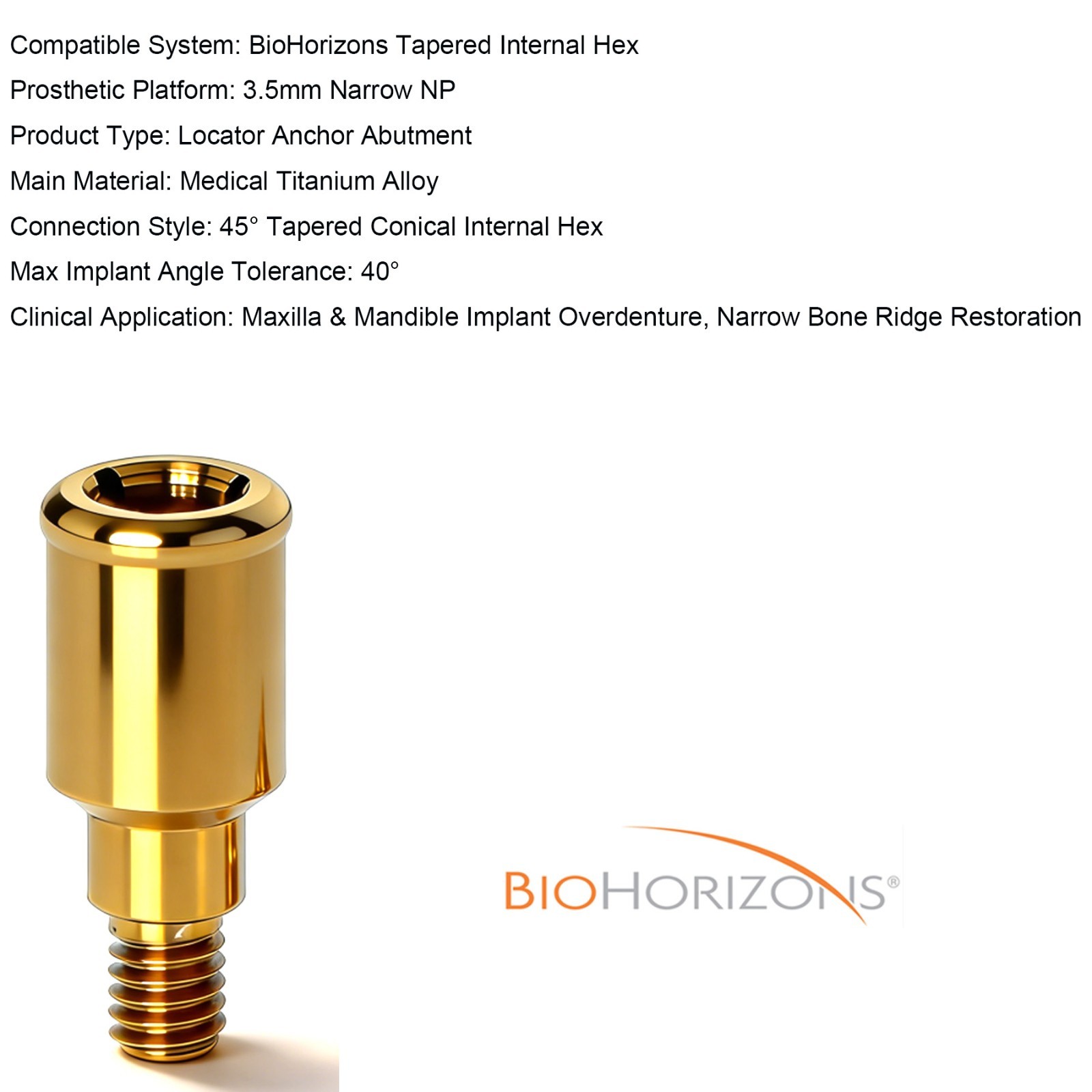 US Overdenture Abutment Removable Anchor Internal Hex BIOHORIZONS 3.5mm Tapered