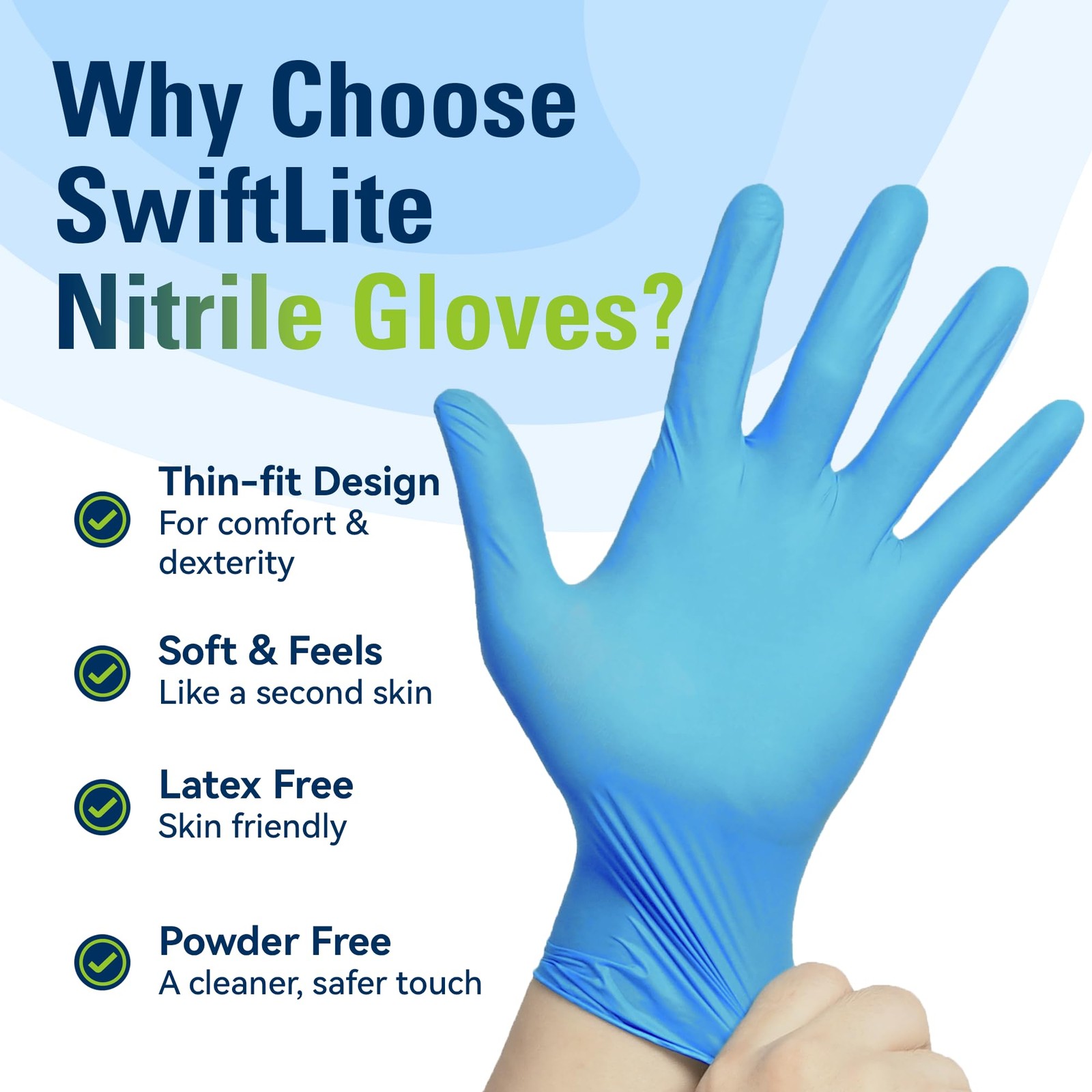 SWIFTLITE Nitrile Disposable Gloves, Food Safe, Latex Free, Blue, Large, 100