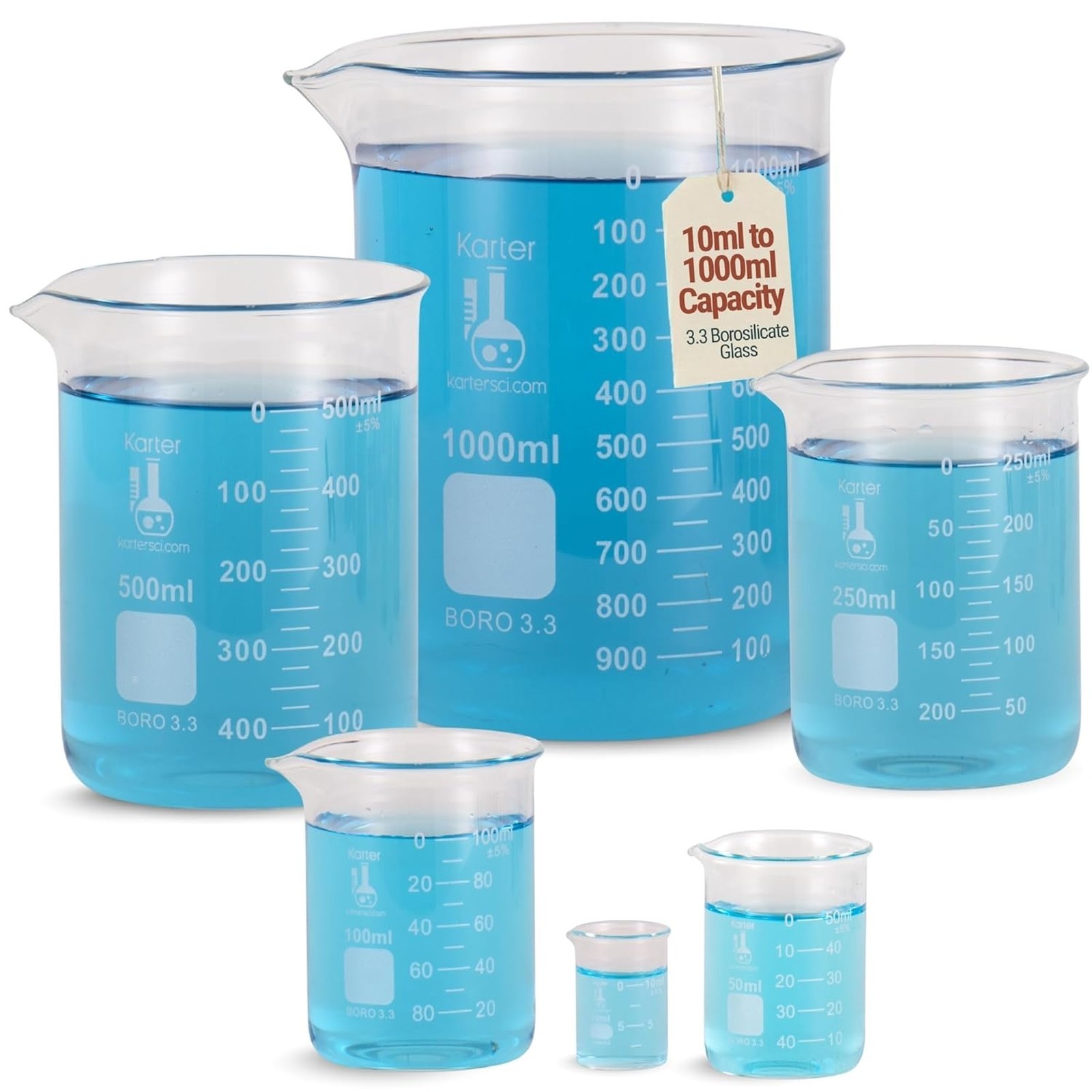 Laboratory Glass Beaker Set 3.3 Borosilicate Glass 6 Sizes 10ml to 1000ml