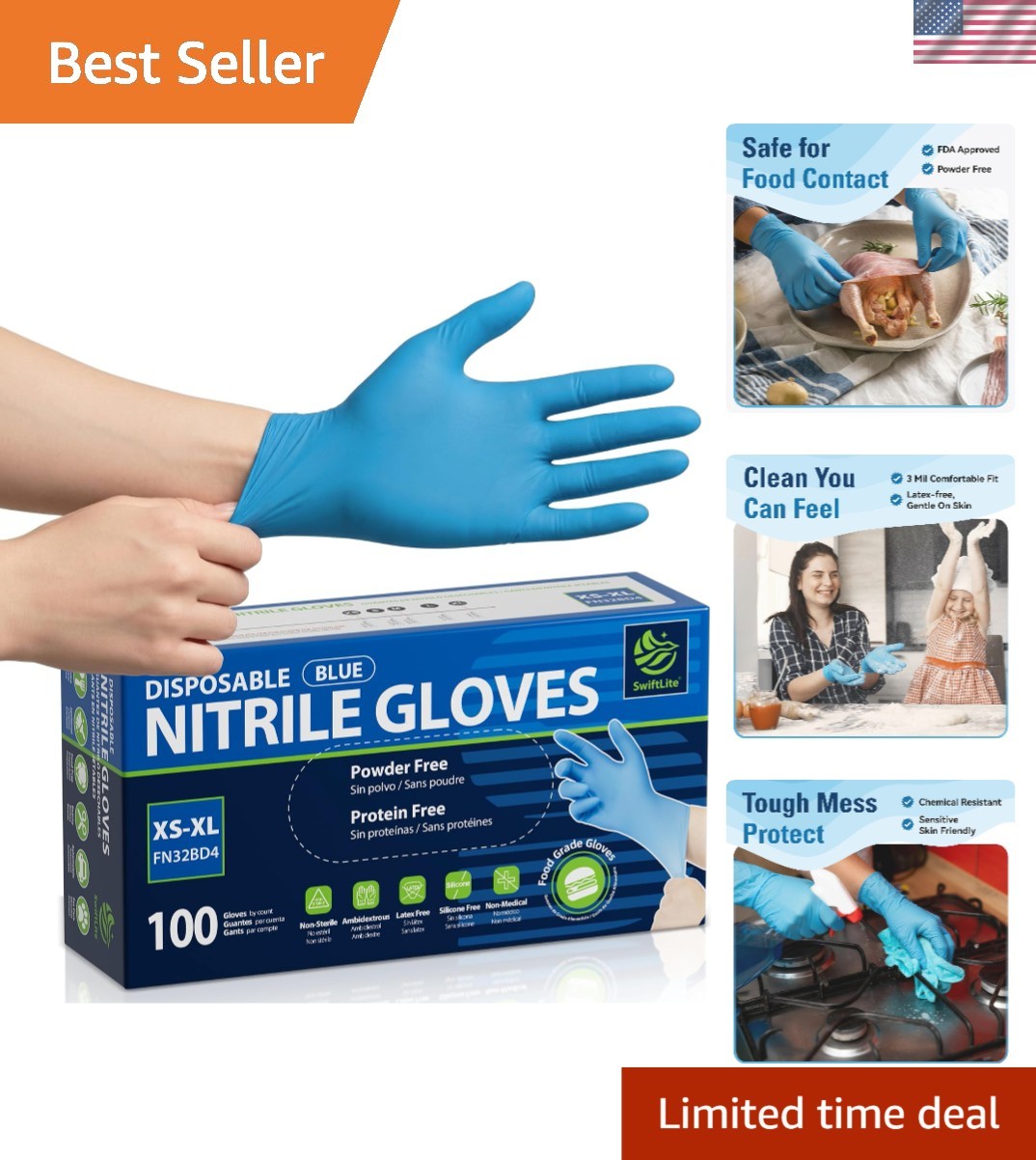 Medium Blue Disposable Nitrile Gloves – 100 Pack, Chemical Resistant, Food Safe