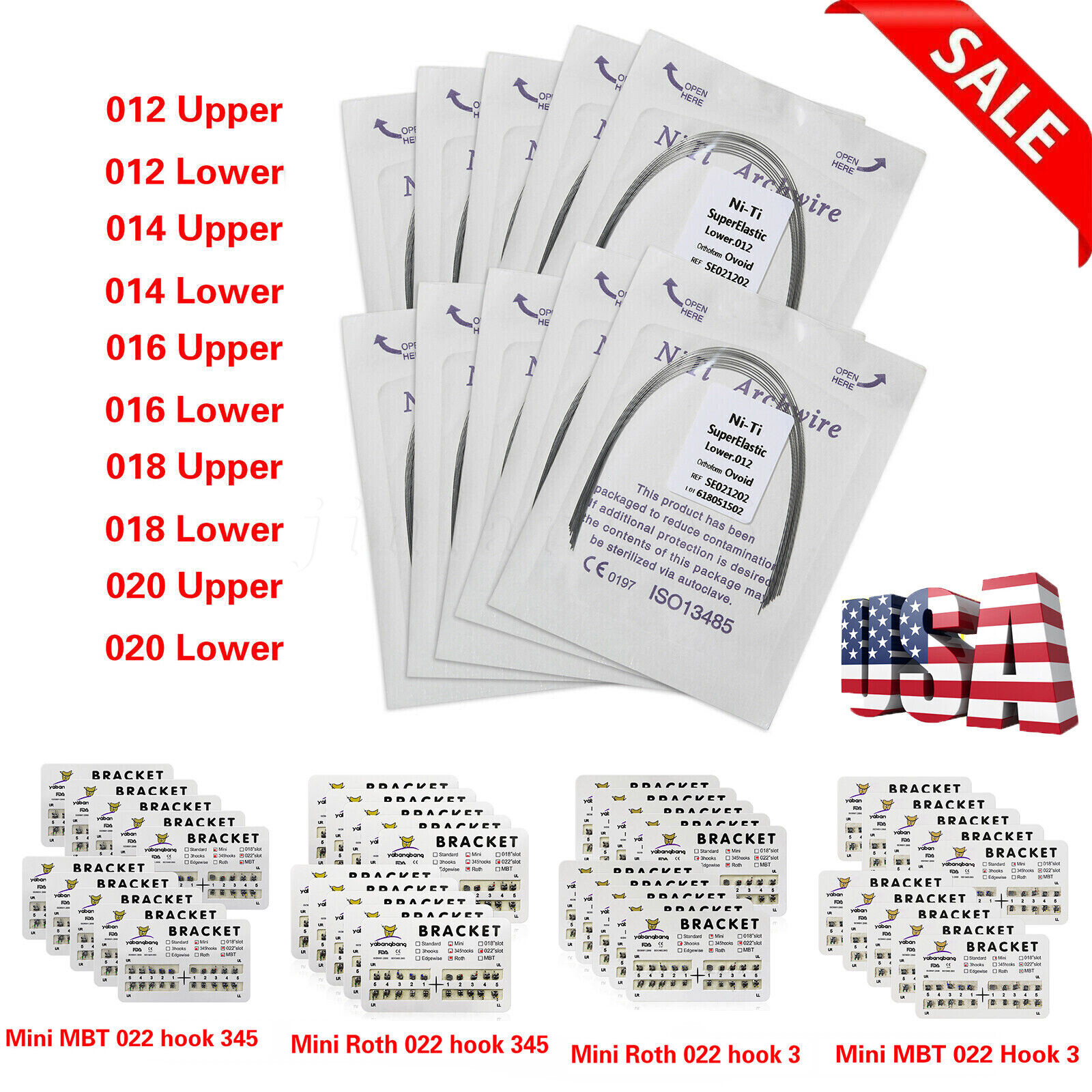 10pack Dental Orthos Bracket Braces Roth/MBT 022 Slot 3/3-4-5Hook/1pack Archwire