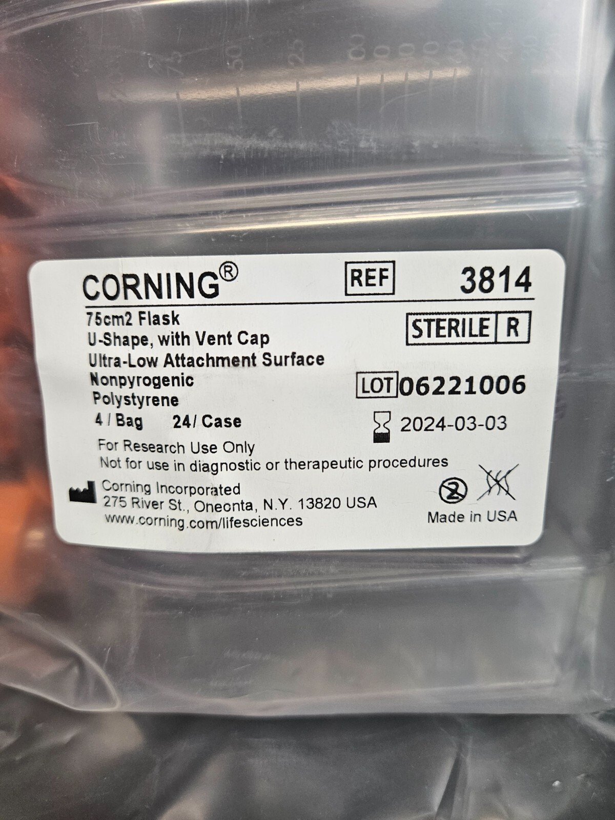 Corning Culture Flask 75 cm2 Vent Cap U Shaped Polystyrene 8 Flasks