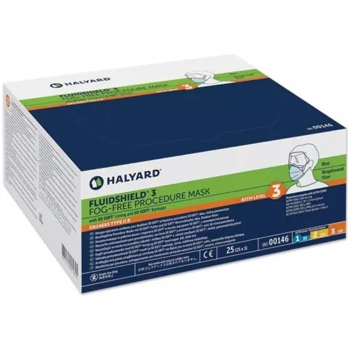 25 -Pieces* Halyard FluidShield ASTM Level 3 Fog-Free Procedure Face Mask 00146