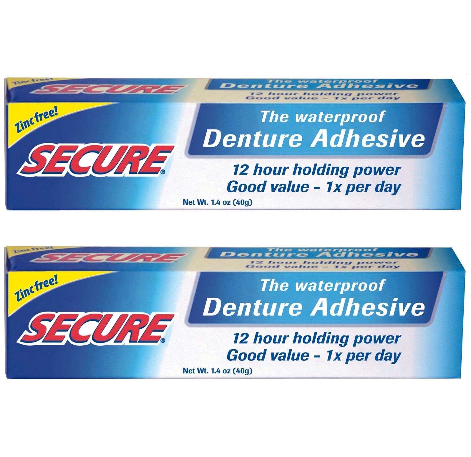 Secure Waterproof Denture Adhesive – Zinc Free – 1.4 Ounce (Pack of 2), White