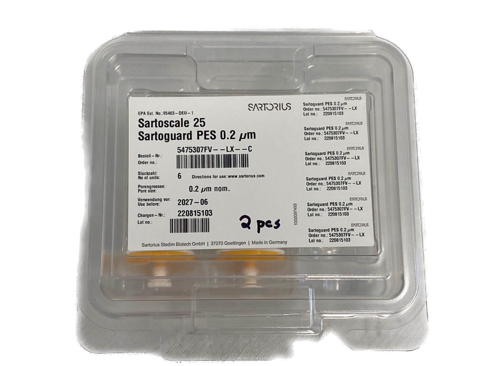 (2 Pc) SARTORIUS SartoScale 25 Sartoguard Filters 0.2um PES 5475307FV-LX-C