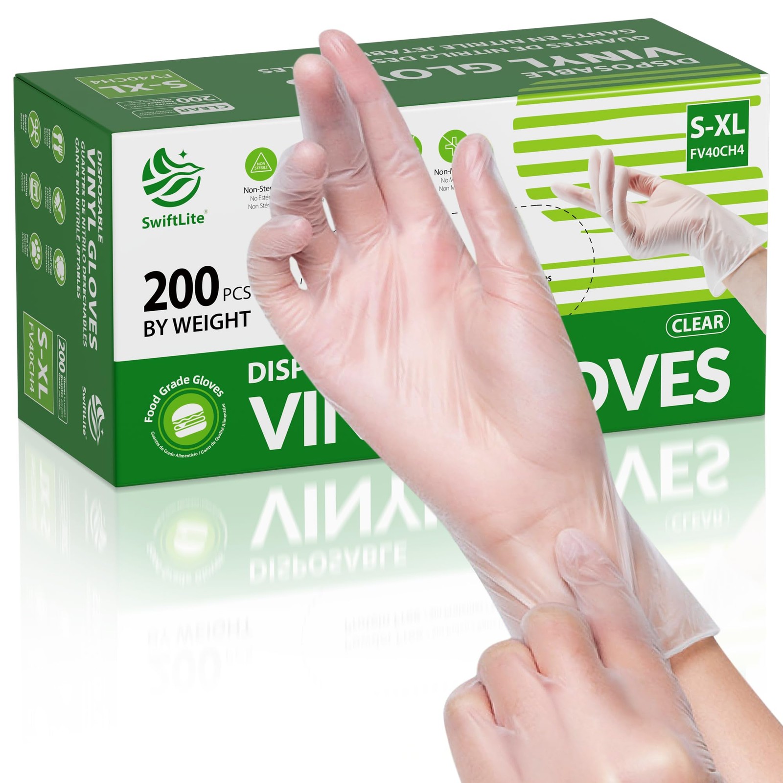 SWIFTLITE Disposable Vinyl Gloves, Food Safe, Latex-Free X-Large, Clear