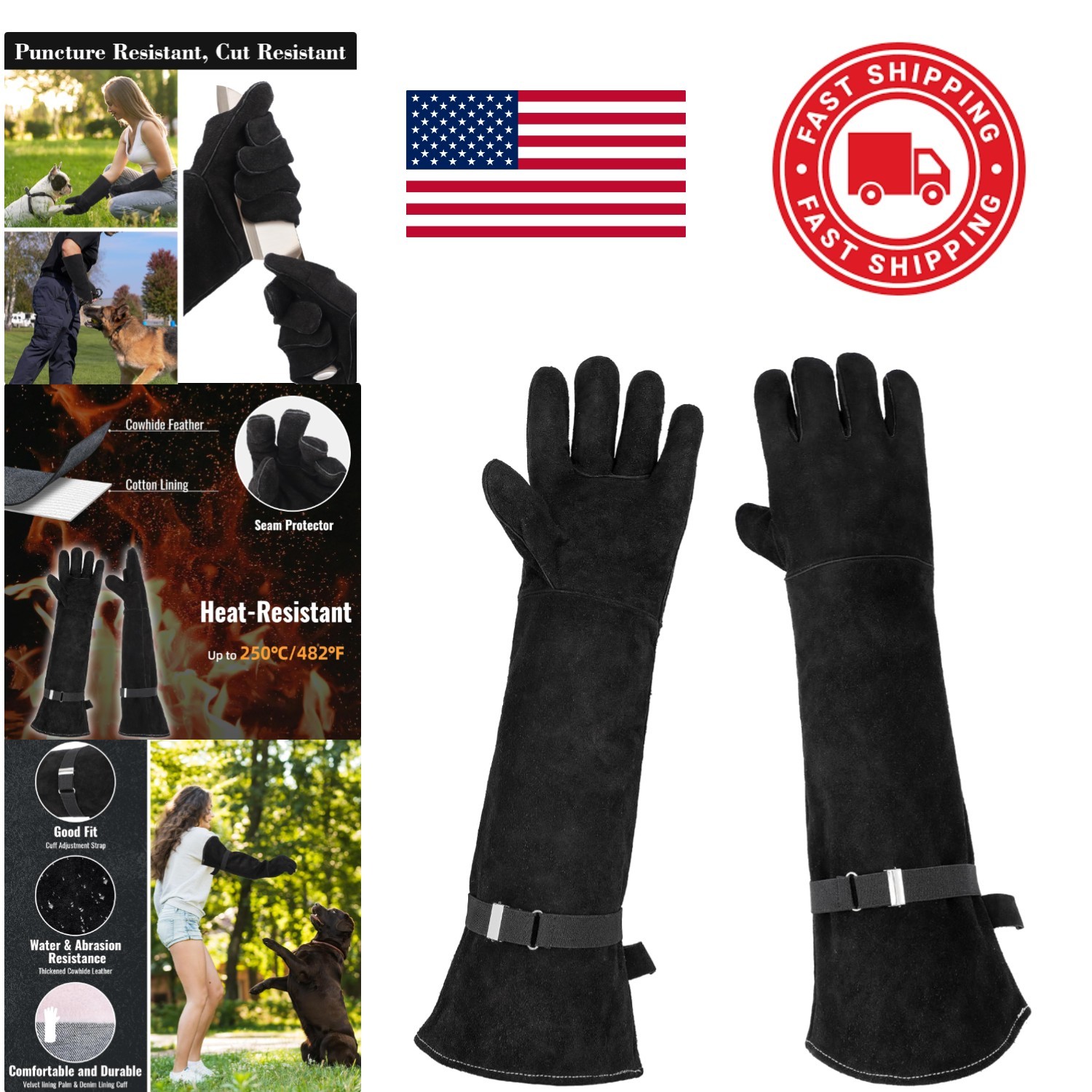 Multipurpose Leather Gloves 23.6 Inch Black for Animal Handling and Outdoor Use