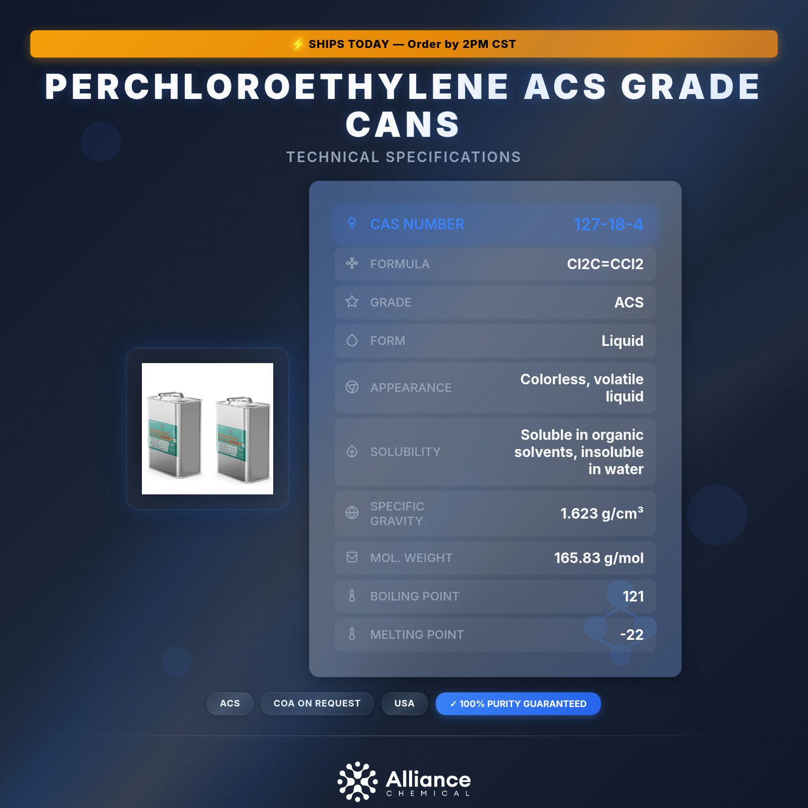 Perchloroethylene ACS Grade – 2 Quart Cans