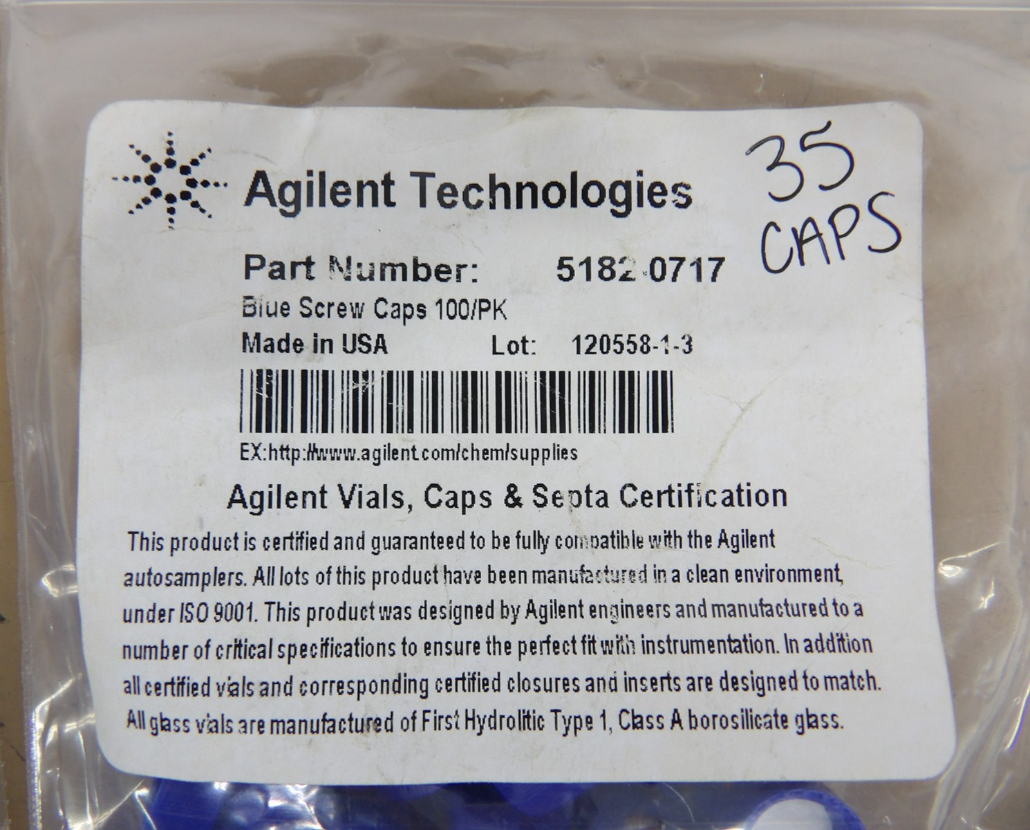 Agilent Technologies Blue Screw Caps, 122 Caps total see description for details