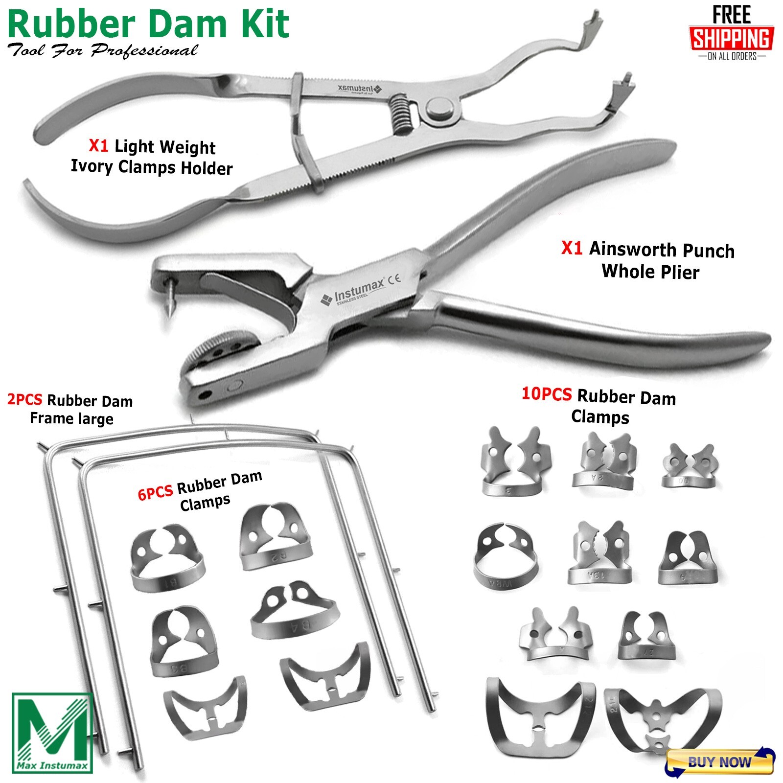 RUBBER DAM INSTRUMENTS DENTAL AINSWORTH PUNCH FORCEPS CLAMPS IVORY FRAME 20 PCS