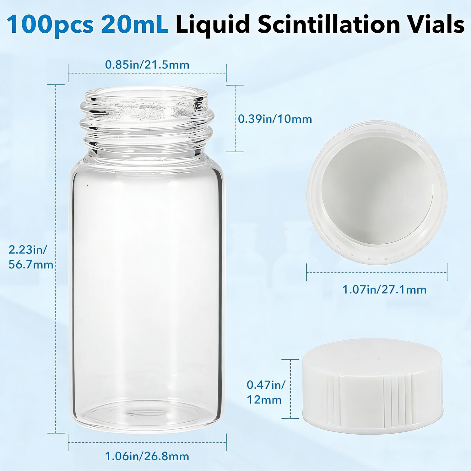 100x20ml Scintillation Vials Transparent Borosilicate Glass Vials PE Liner